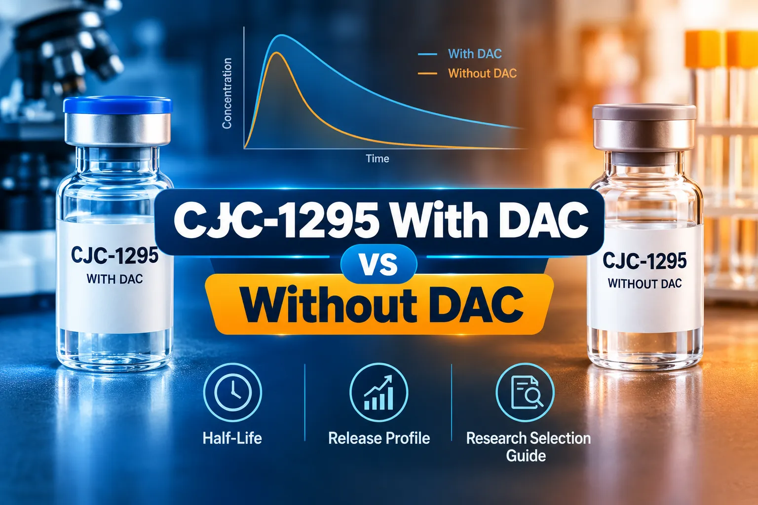 Professional landscape hero image () with a reading "CJC-1295 With DAC vs Without DAC". CRITICAL TYPOGRAPHY RULES: render