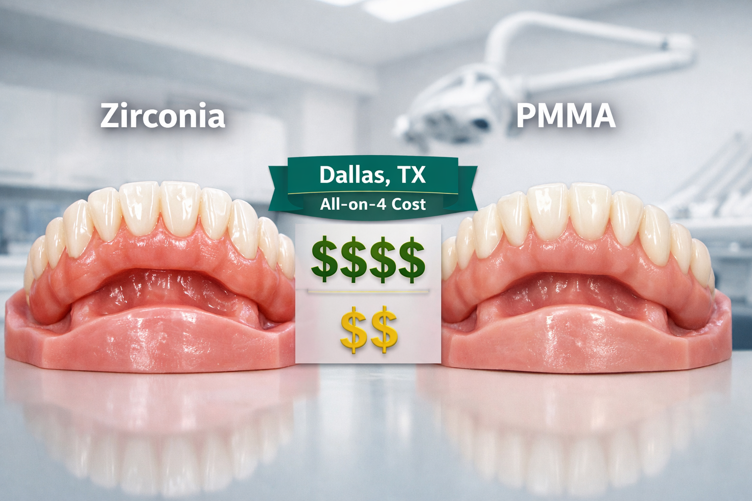 Landscape format (1536x1024) image comparing two sets of dental arches side-by-side: one representing Zirconia and the other PMMA. The Zirco
