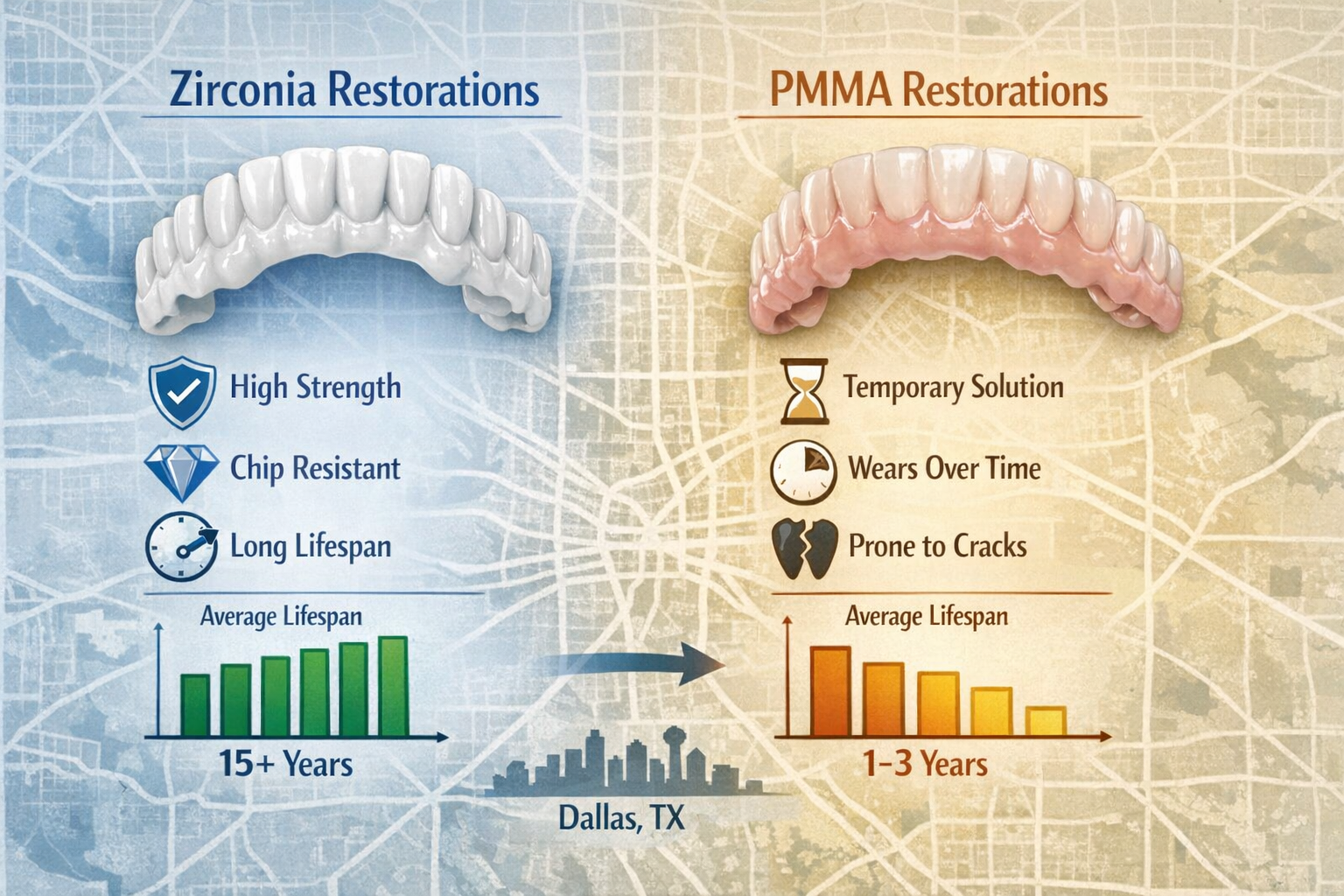 Landscape format (1536x1024) infographic illustrating the durability and longevity aspects of Zirconia vs PMMA All-on-4 restorations. One si