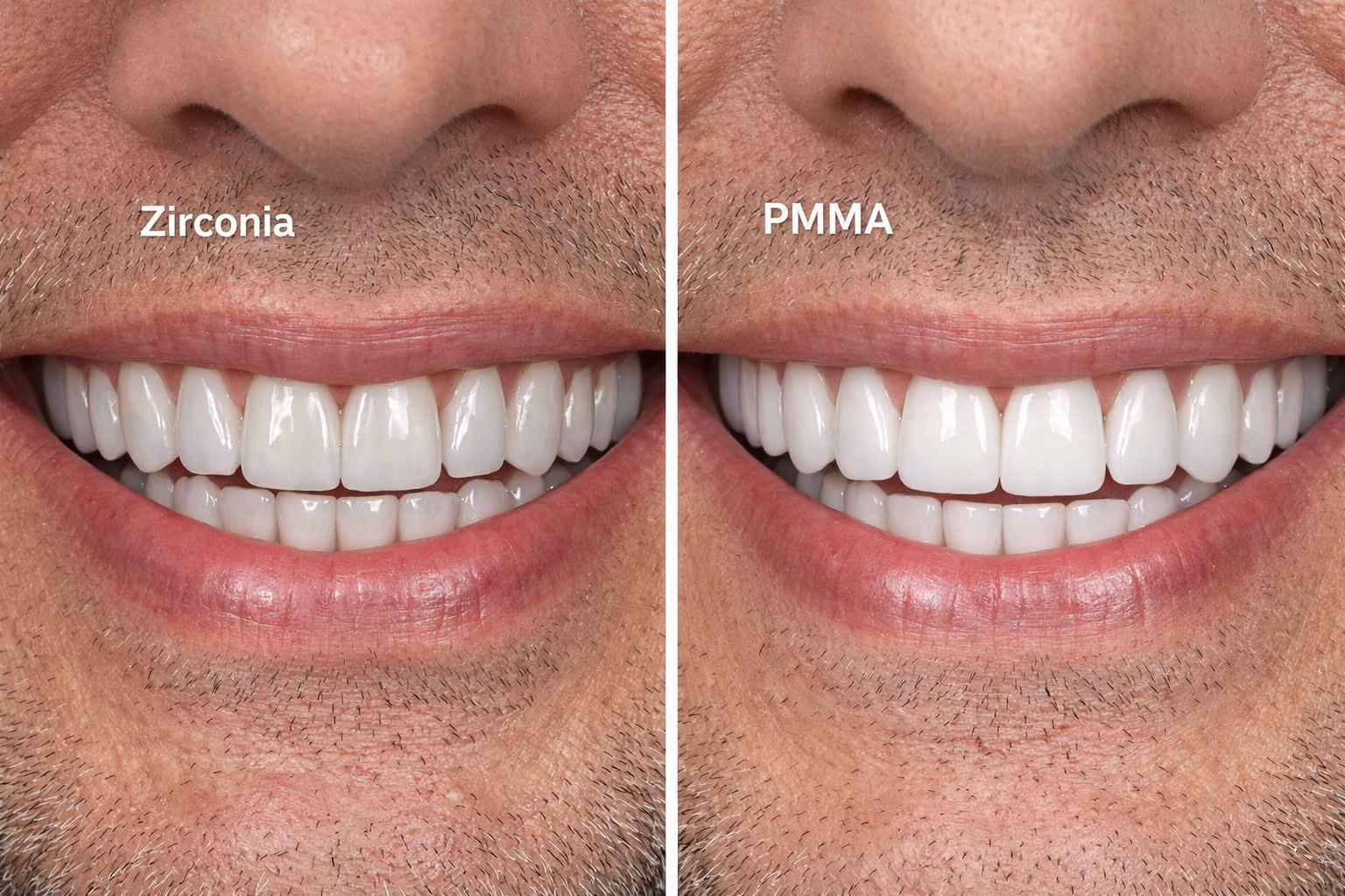 Landscape format (1536x1024) image focusing on the aesthetic differences between Zirconia and PMMA All-on-4 restorations. Two close-up, high