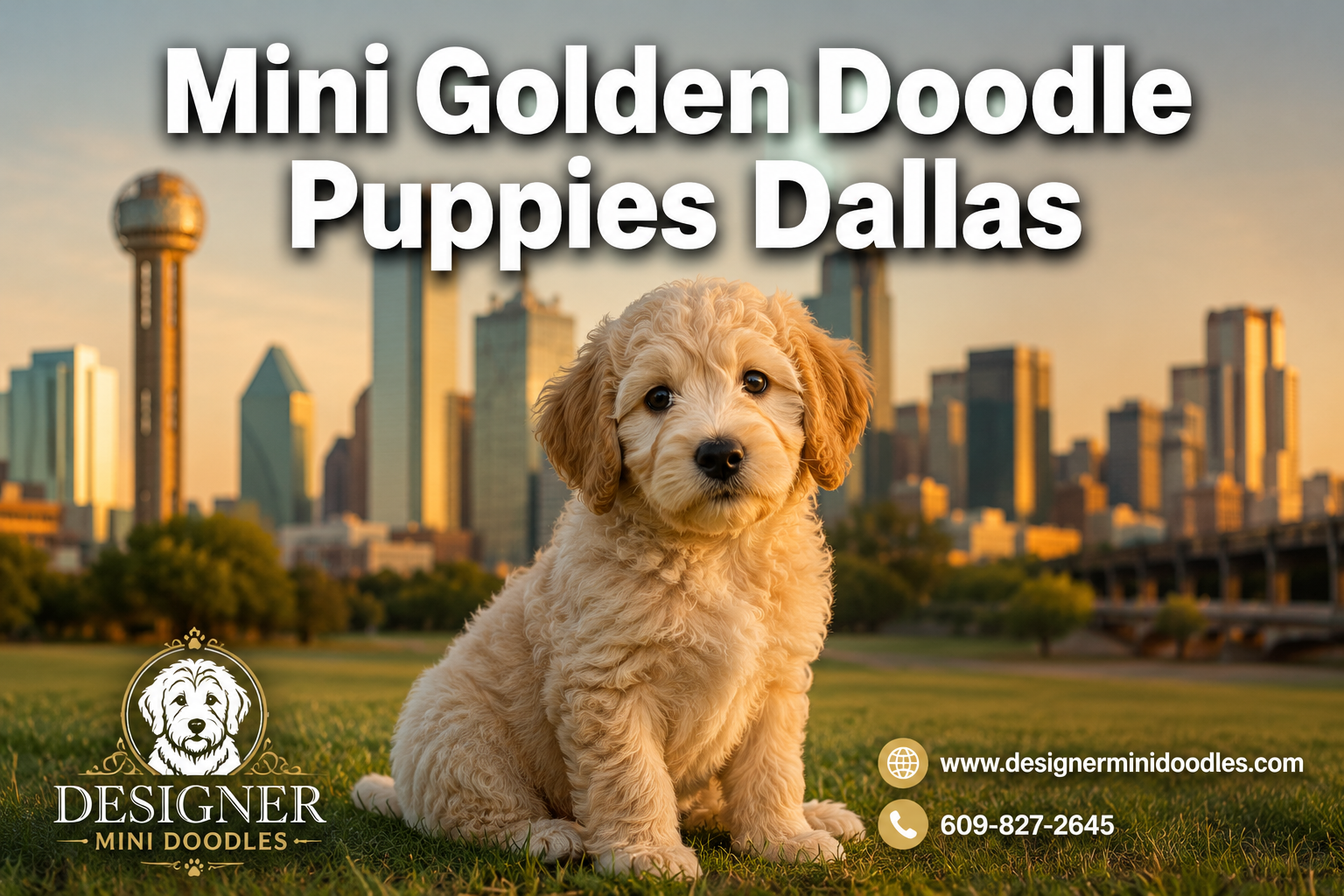 Professional () hero image featuring 'Mini Golden Doodle Puppies Dallas' in extra large white with dark effect, centered in