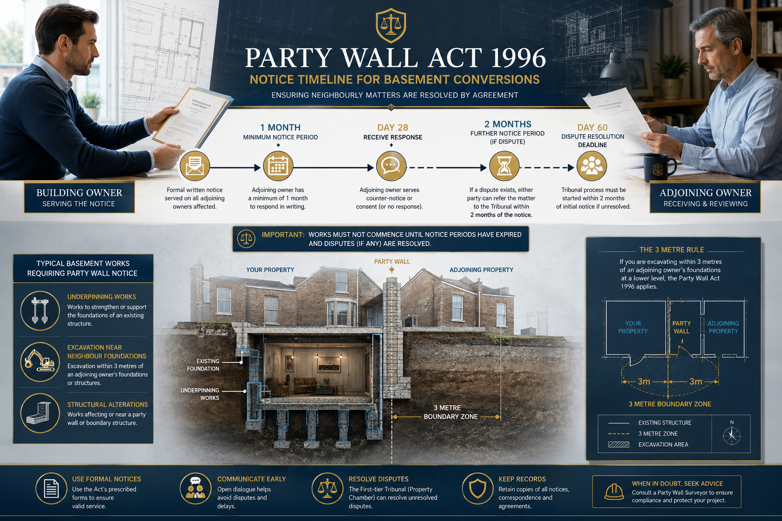 Detailed () infographic-style illustration showing the Party Wall Act 1996 notice timeline for basement conversions: a