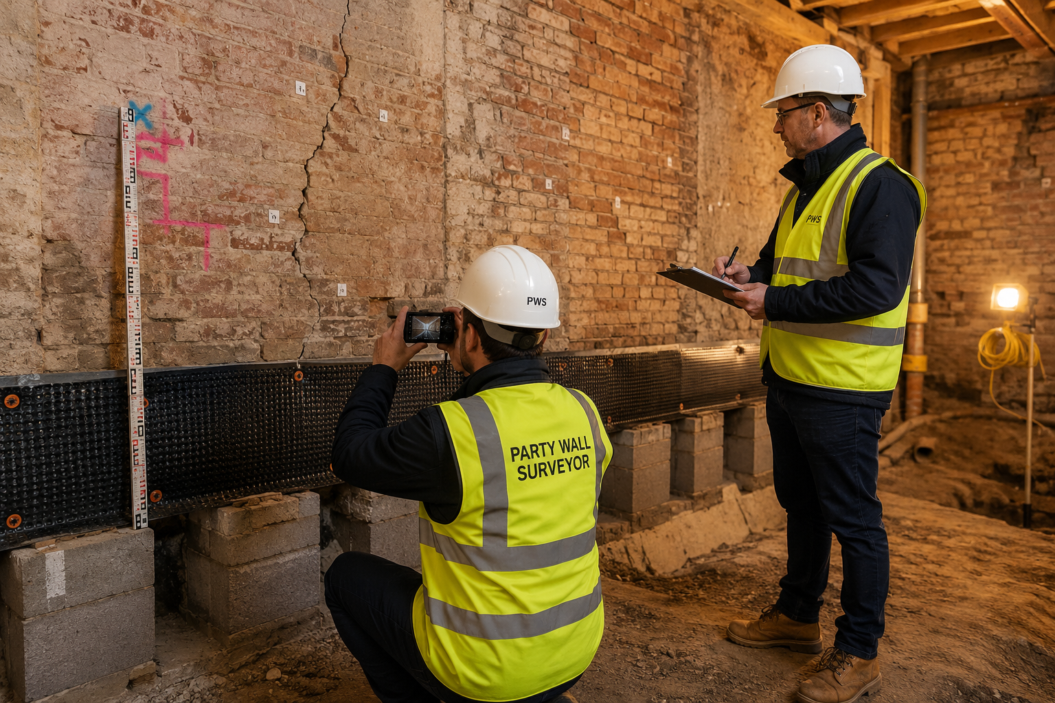 Wide-angle () showing two professional party wall surveyors in hard hats and hi-vis vests conducting a pre-construction