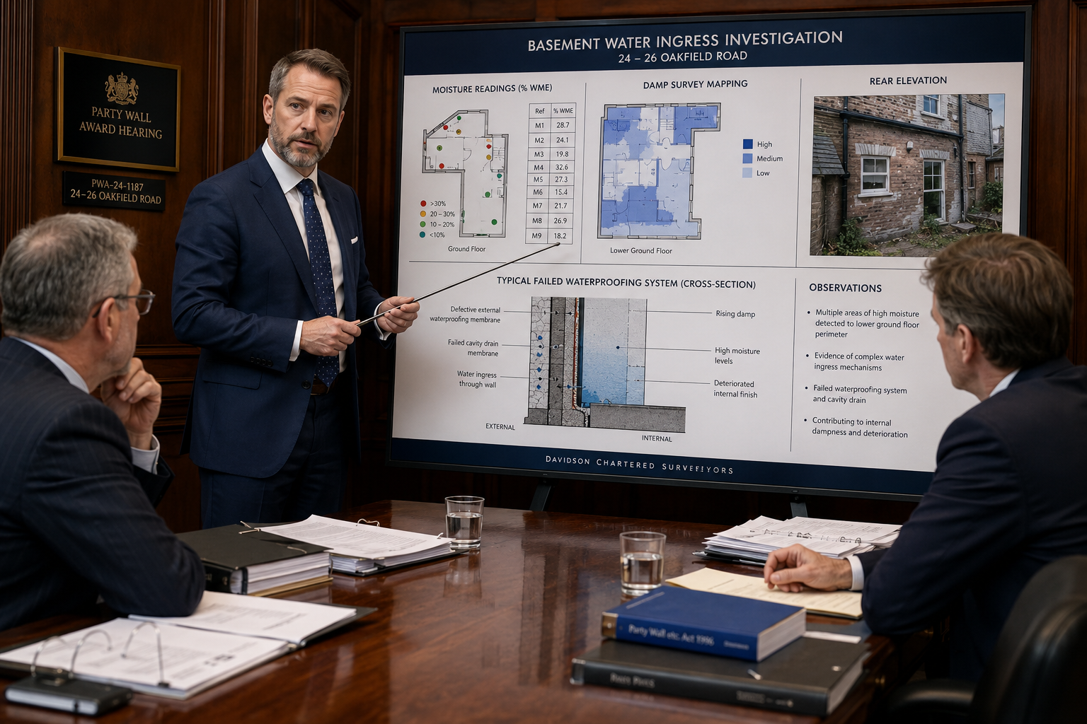 () courtroom-adjacent professional scene showing an expert witness surveyor presenting waterproofing dispute evidence at a