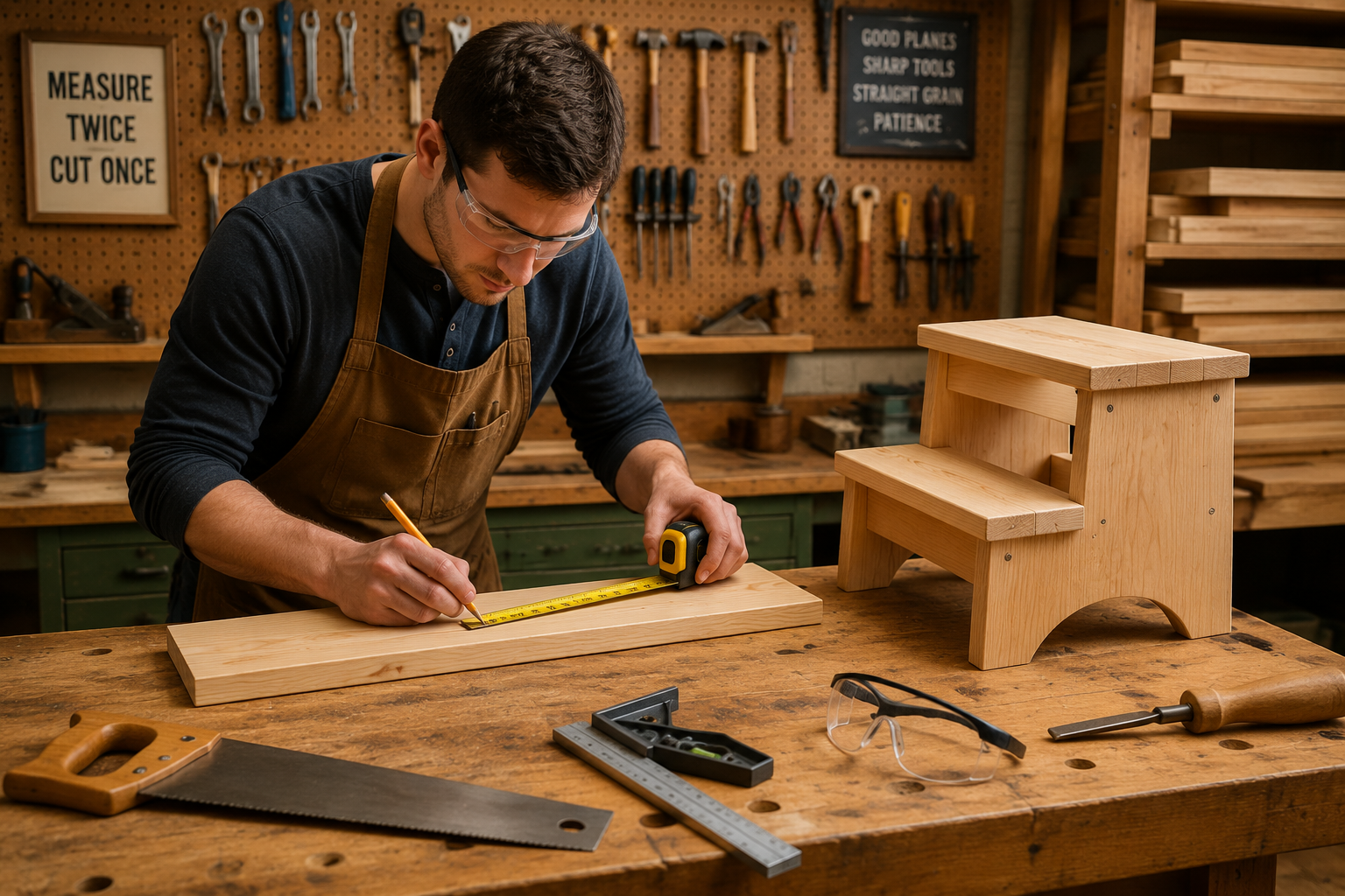 A detailed () image showing a beginner woodworker carefully measuring a piece of lumber with a tape measure and marking it