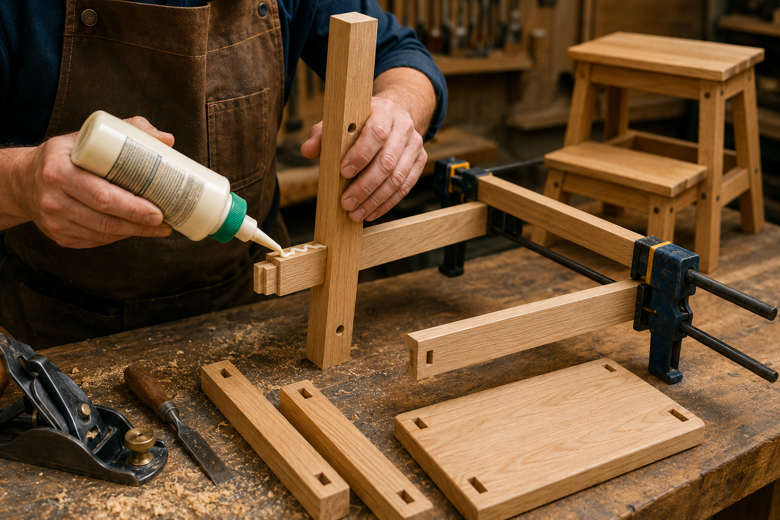 A vibrant () image depicting the assembly phase of a wooden step stool. A woodworker is carefully applying wood glue to a