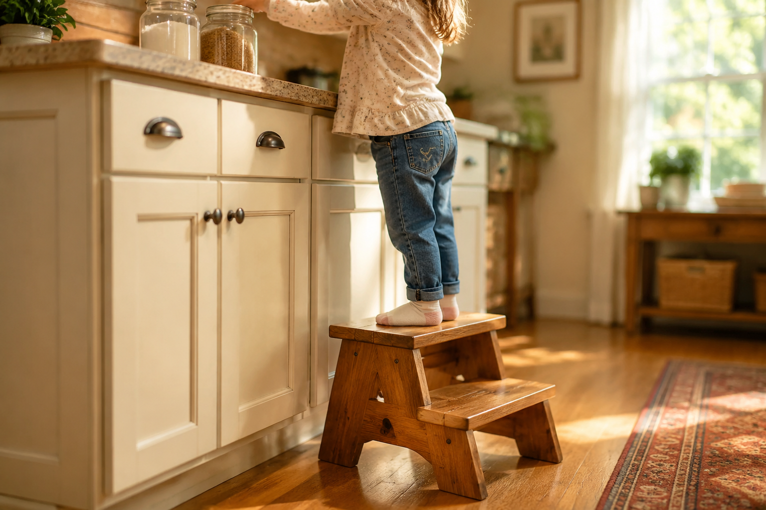 A warm, inviting () image showcasing a finished wooden step stool in a home setting, perhaps in a kitchen or child's room,