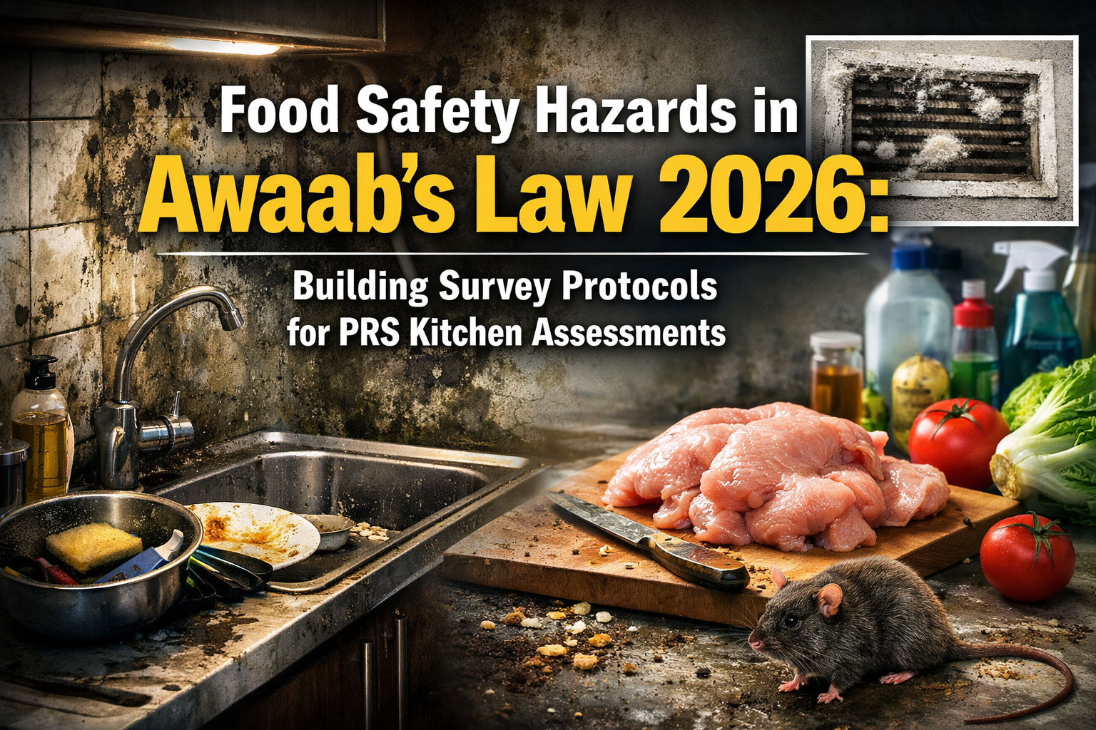 Professional landscape hero image () with : "Food Safety Hazards in Awaab's Law 2026: Building Survey Protocols for PRS