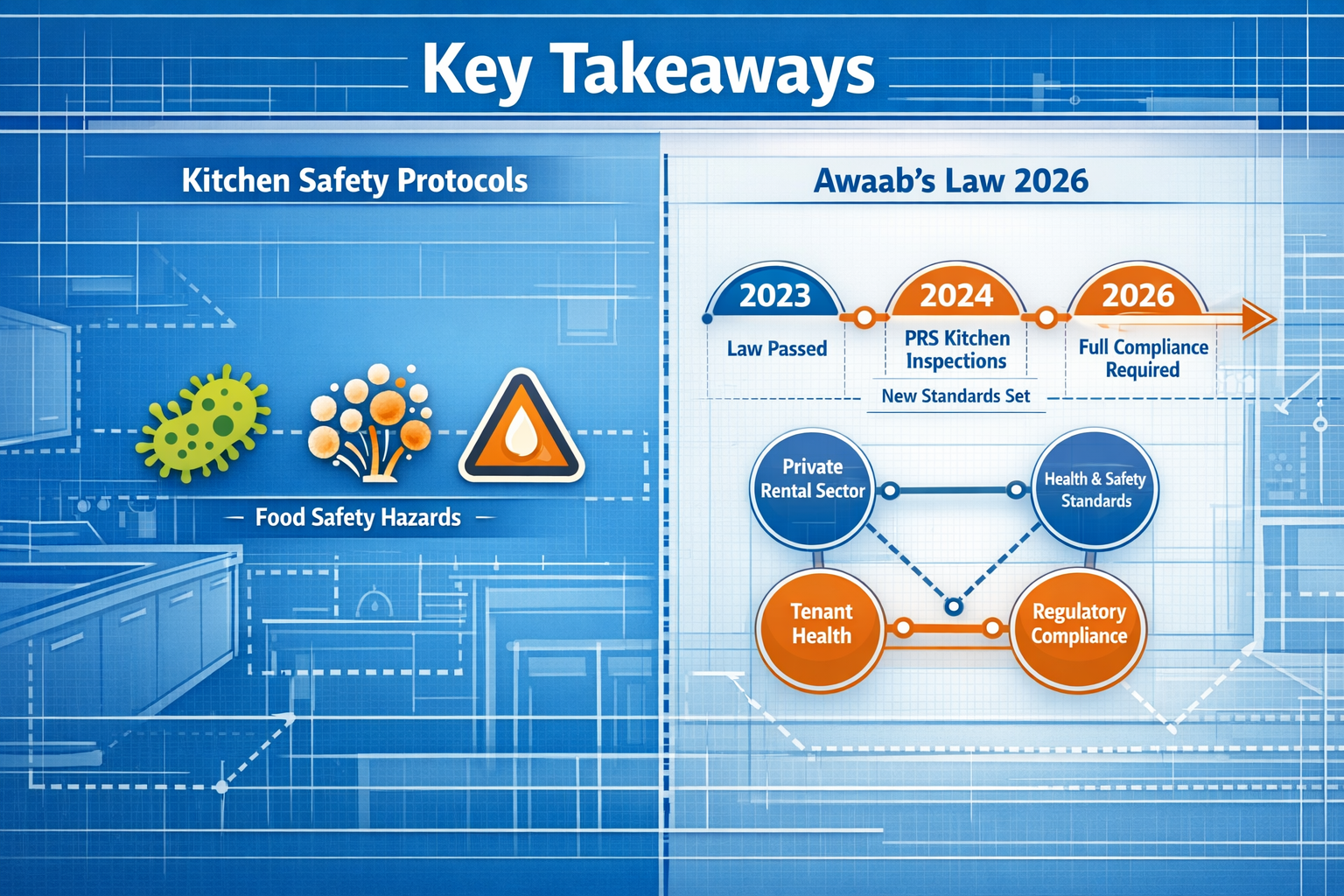 Key Takeaways section infographic: Split-screen landscape visualization depicting kitchen safety protocols and Awaab's Law