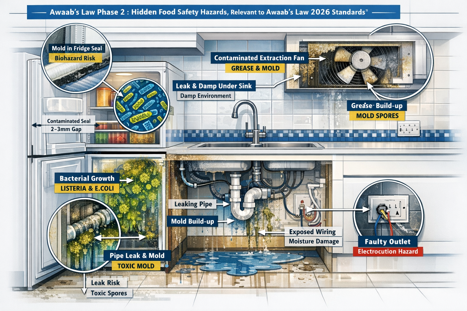 Understanding Awaab's Law Phase 2 visualization: Detailed architectural cross-section of a typical PRS kitchen, revealing