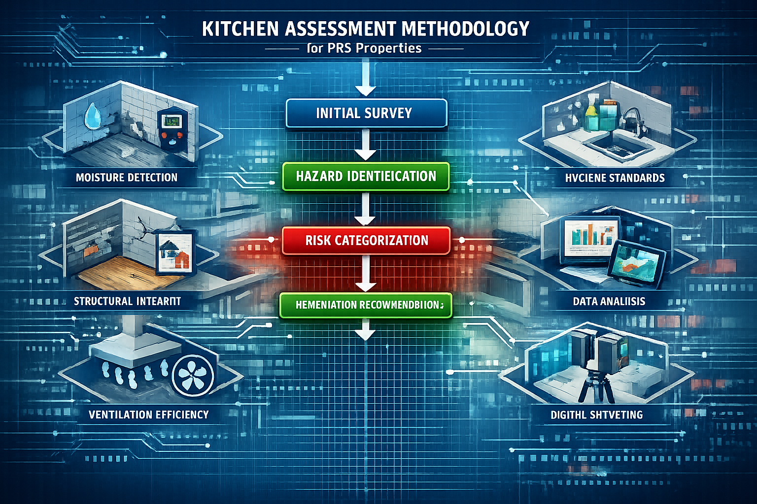 Building Survey Protocols development graphic: Comprehensive flowchart-style diagram illustrating kitchen assessment