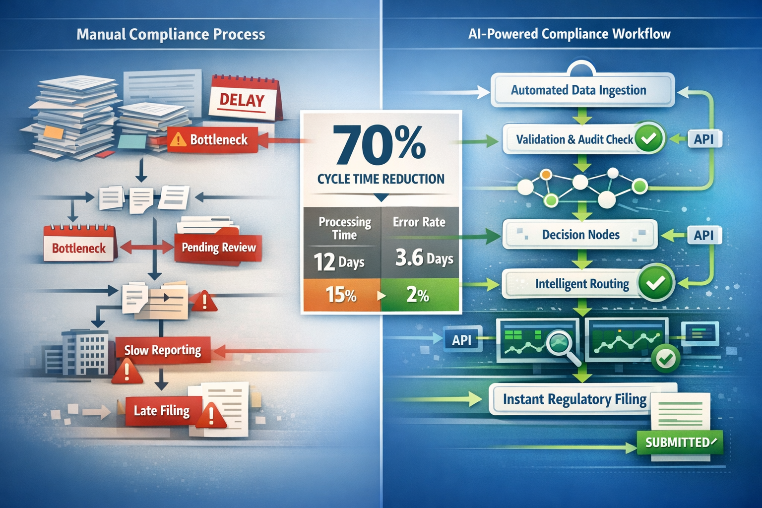 () detailed illustration showing autonomous AI agent architecture for financial compliance workflows. Split-screen