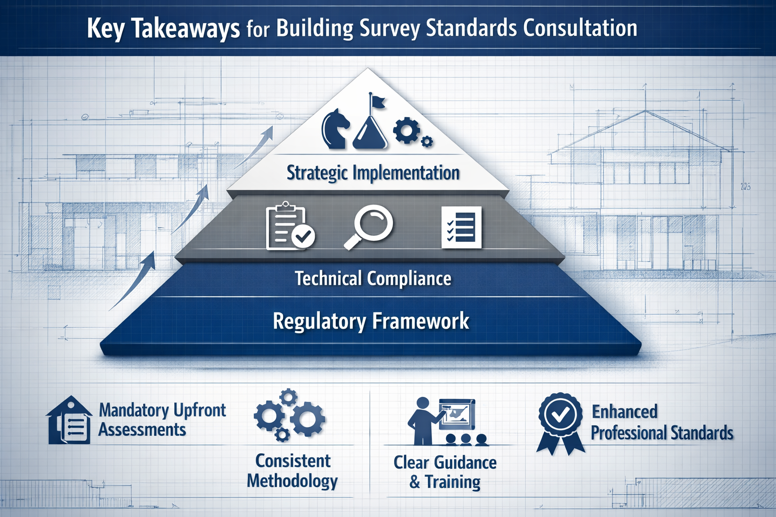 Landscape editorial infographic highlighting 'Key Takeaways' for Building Survey Standards consultation, featuring a