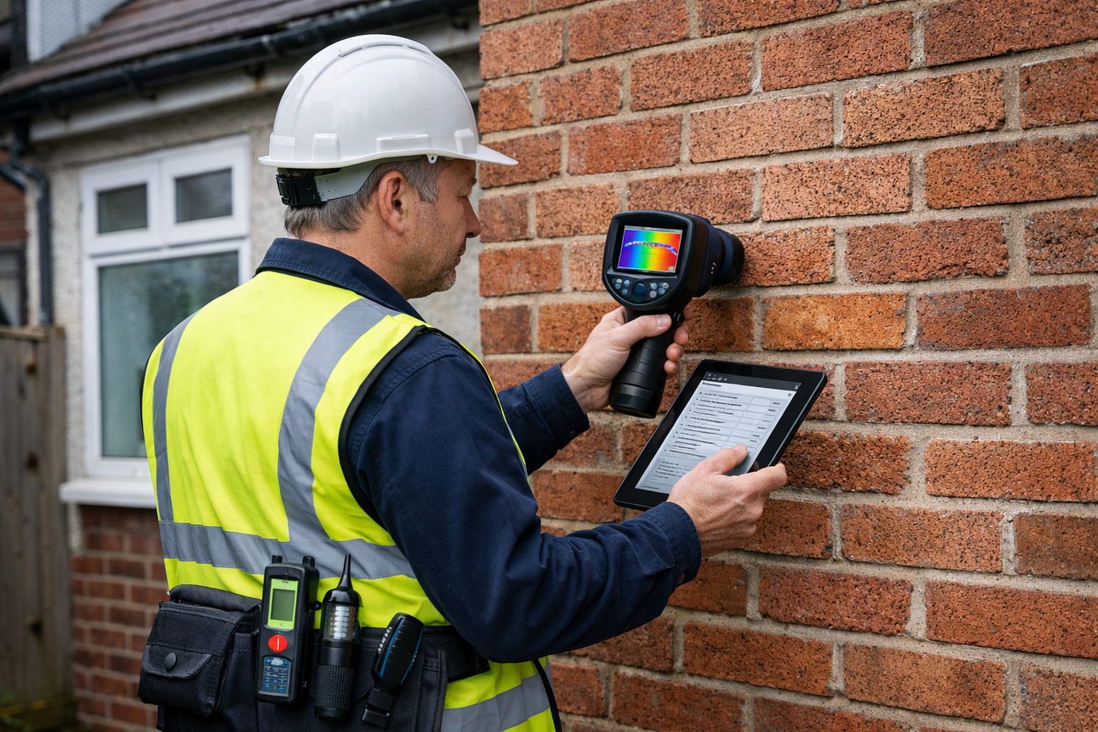 () professional photograph of chartered surveyor conducting comprehensive property inspection with modern technology. Scene