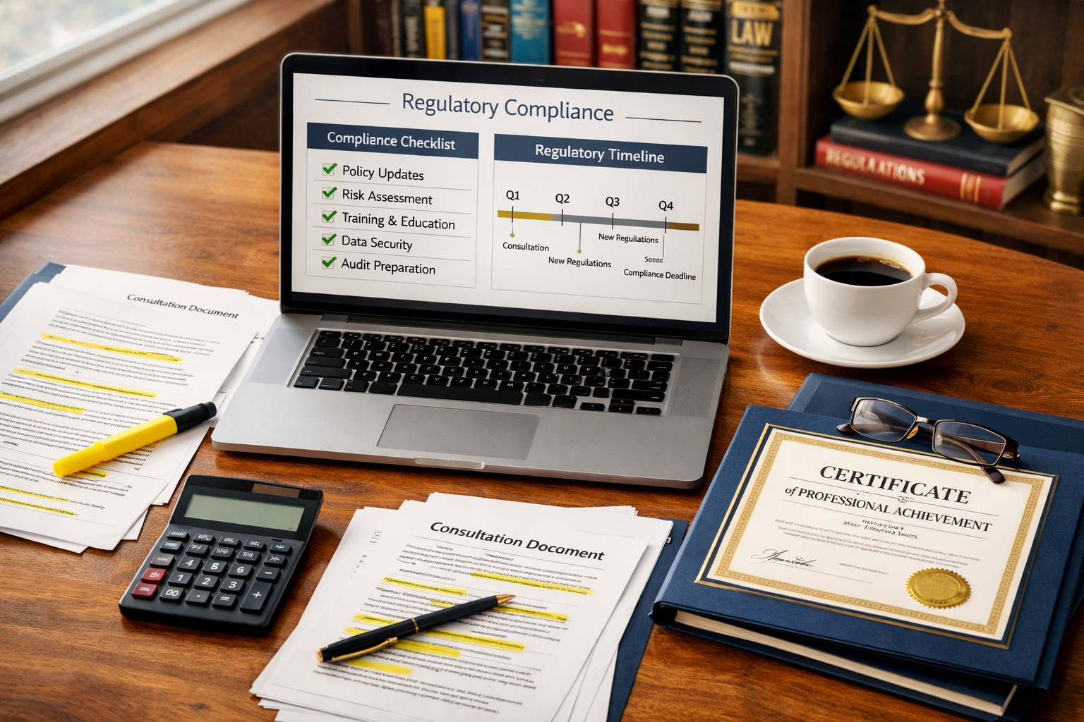 () strategic planning concept image showing business preparation for regulatory change. Scene displays modern office desk