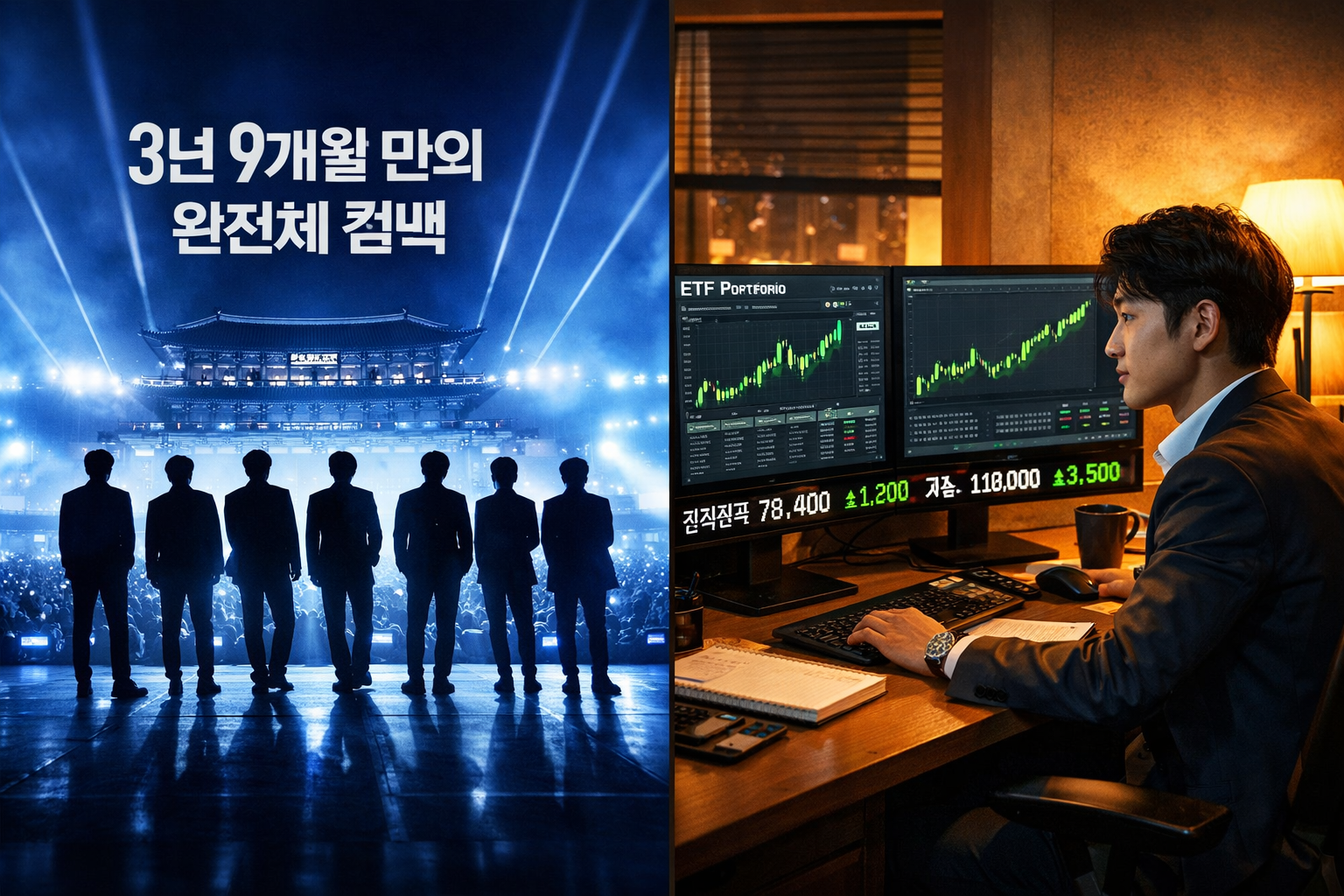 () split-screen composition: left side shows BTS members silhouette on massive G