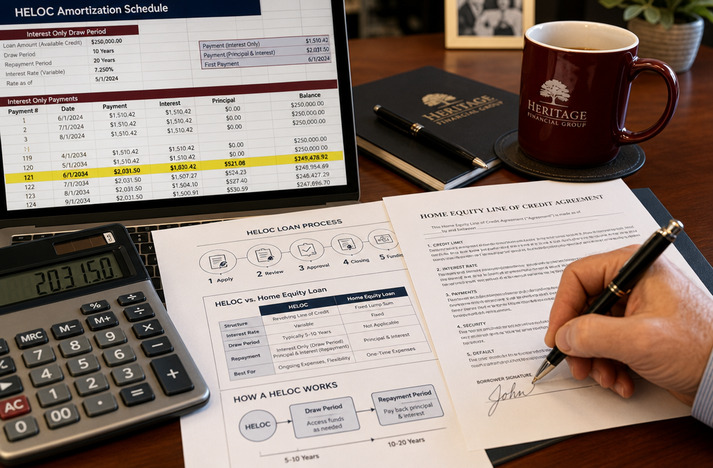 () close-up editorial photo of a financial advisor's desk showing a HELOC amortization schedule spreadsheet with highlighted