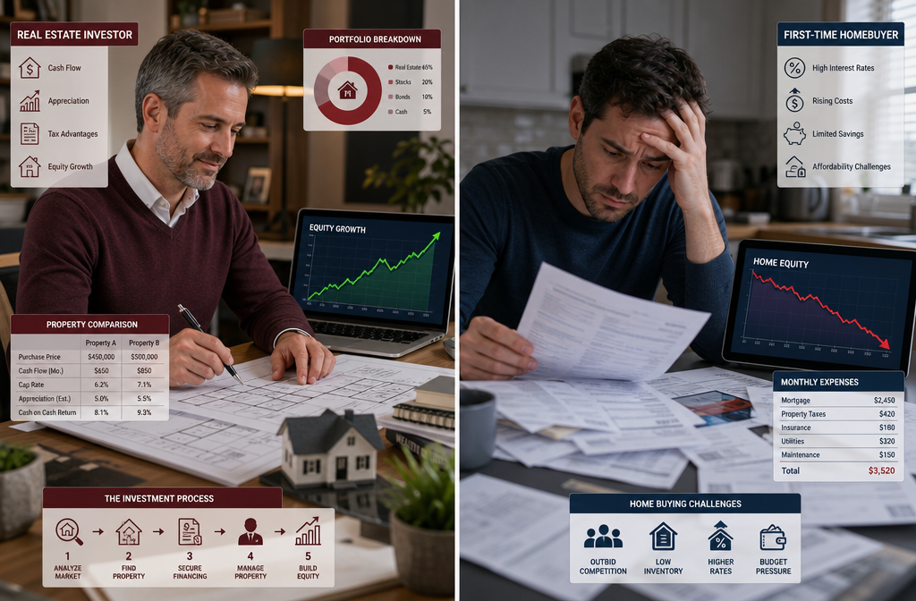 () conceptual split illustration showing two homeowner profiles side by side: left panel shows a confident real estate