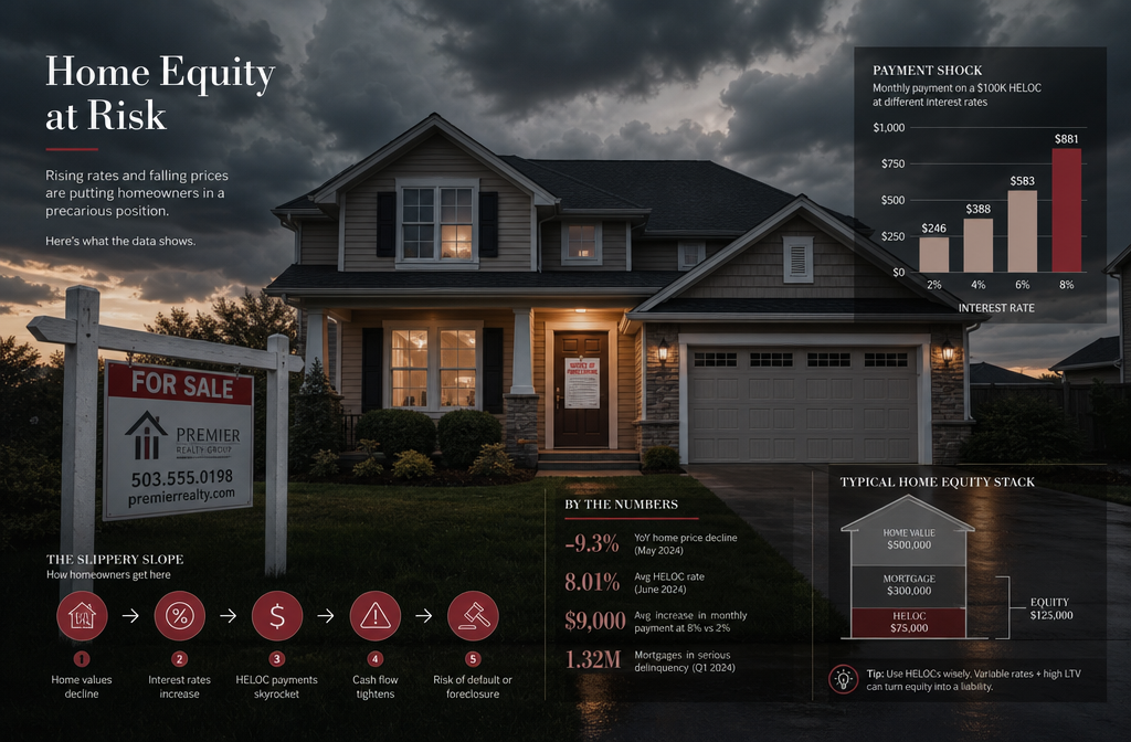 () dramatic wide-angle photograph of a modern American suburban home exterior at dusk with a foreclosure notice subtly
