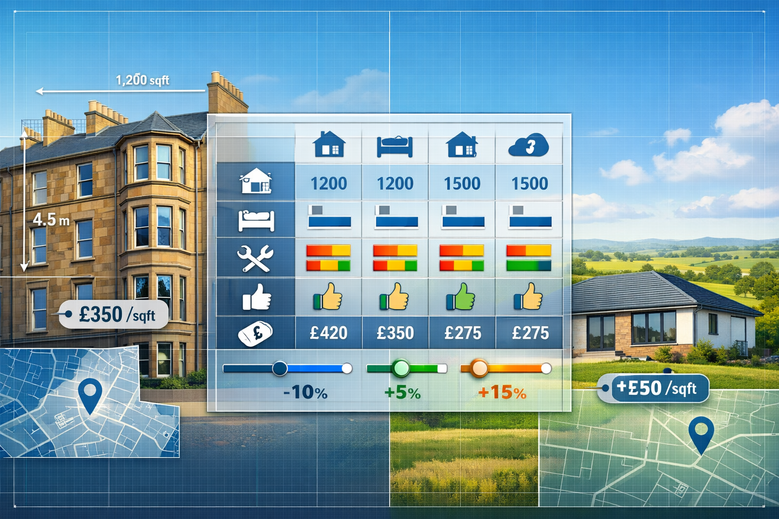 Landscape format (1536x1024) detailed infographic-style image showing comparable property analysis workflow for Scottish residential valuati