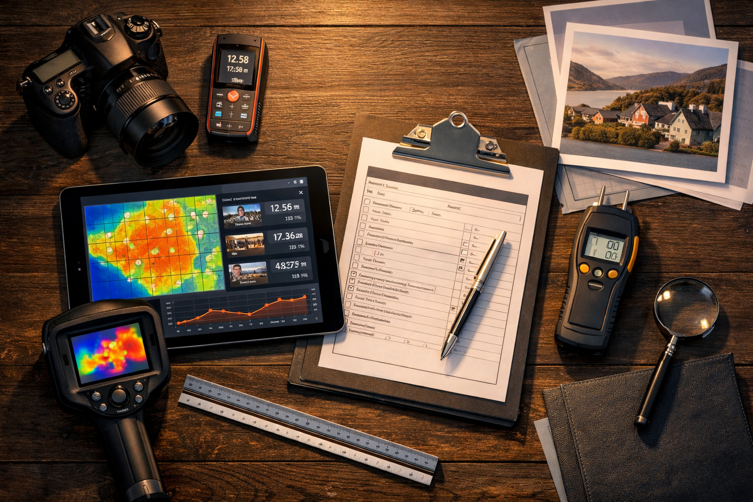 Landscape format (1536x1024) comprehensive visual representation of surveyor technology tools for Scottish property valuation, overhead flat