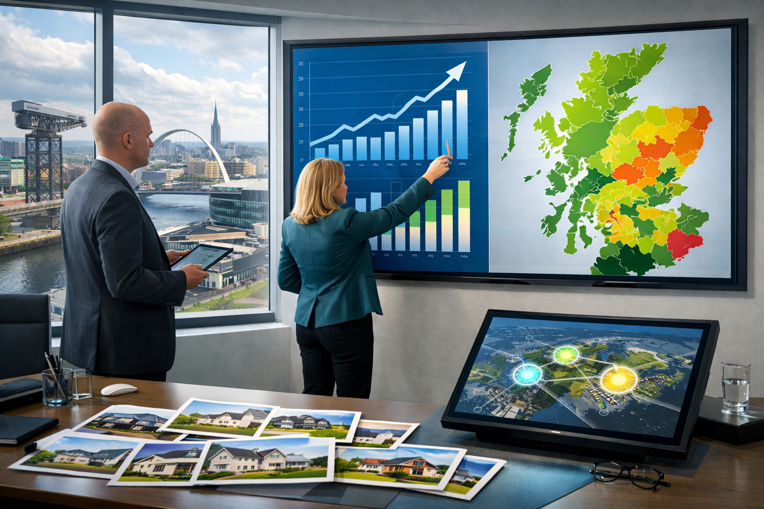 Landscape format (1536x1024) dynamic scene depicting Scottish residential market growth trajectory for 2026, modern glass-walled office inte