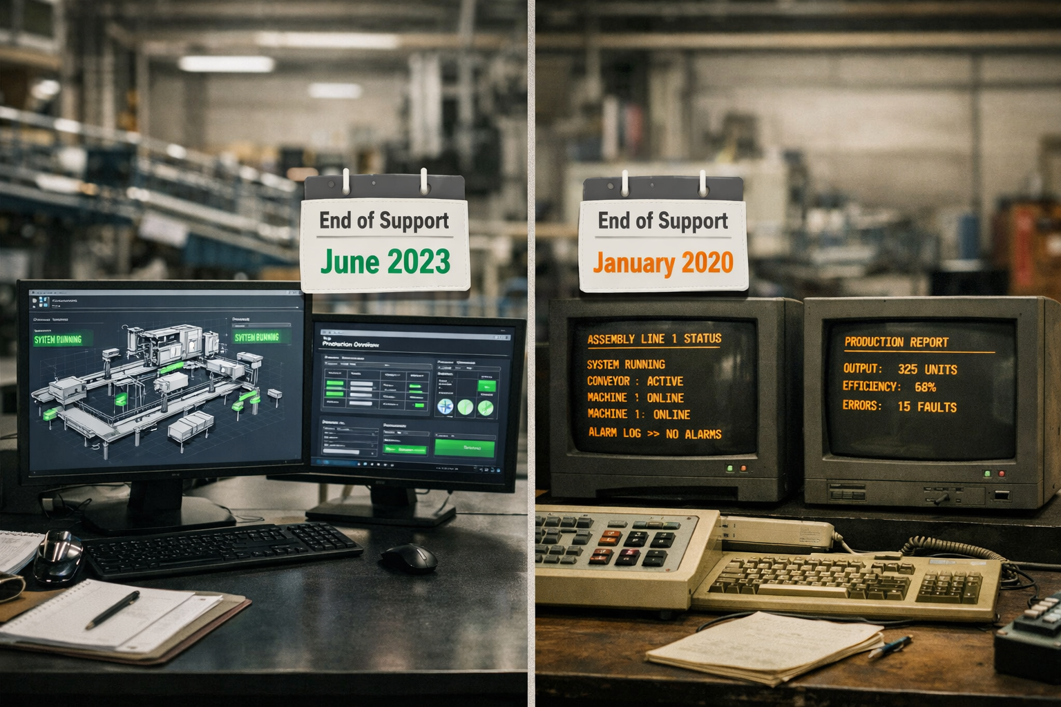 () showing split-screen comparison of modern vs outdated manufacturing control systems. Left side displays sleek current HMI