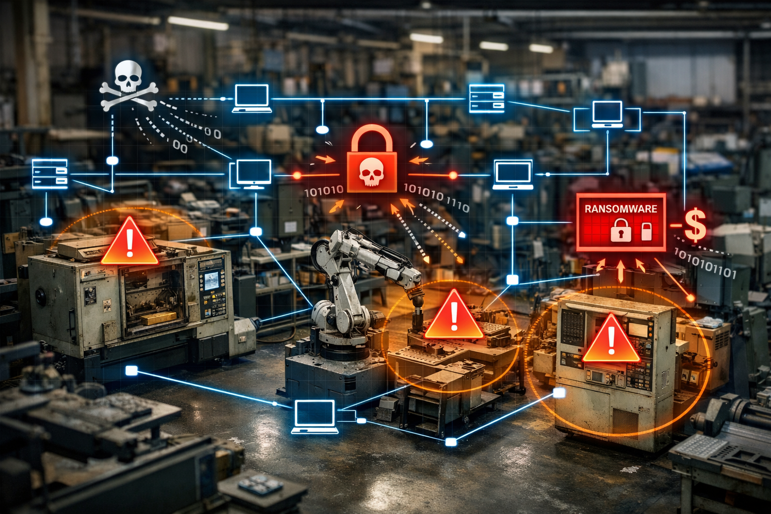 () cybersecurity threat visualization specifically for manufacturing environments. Central factory floor layout with