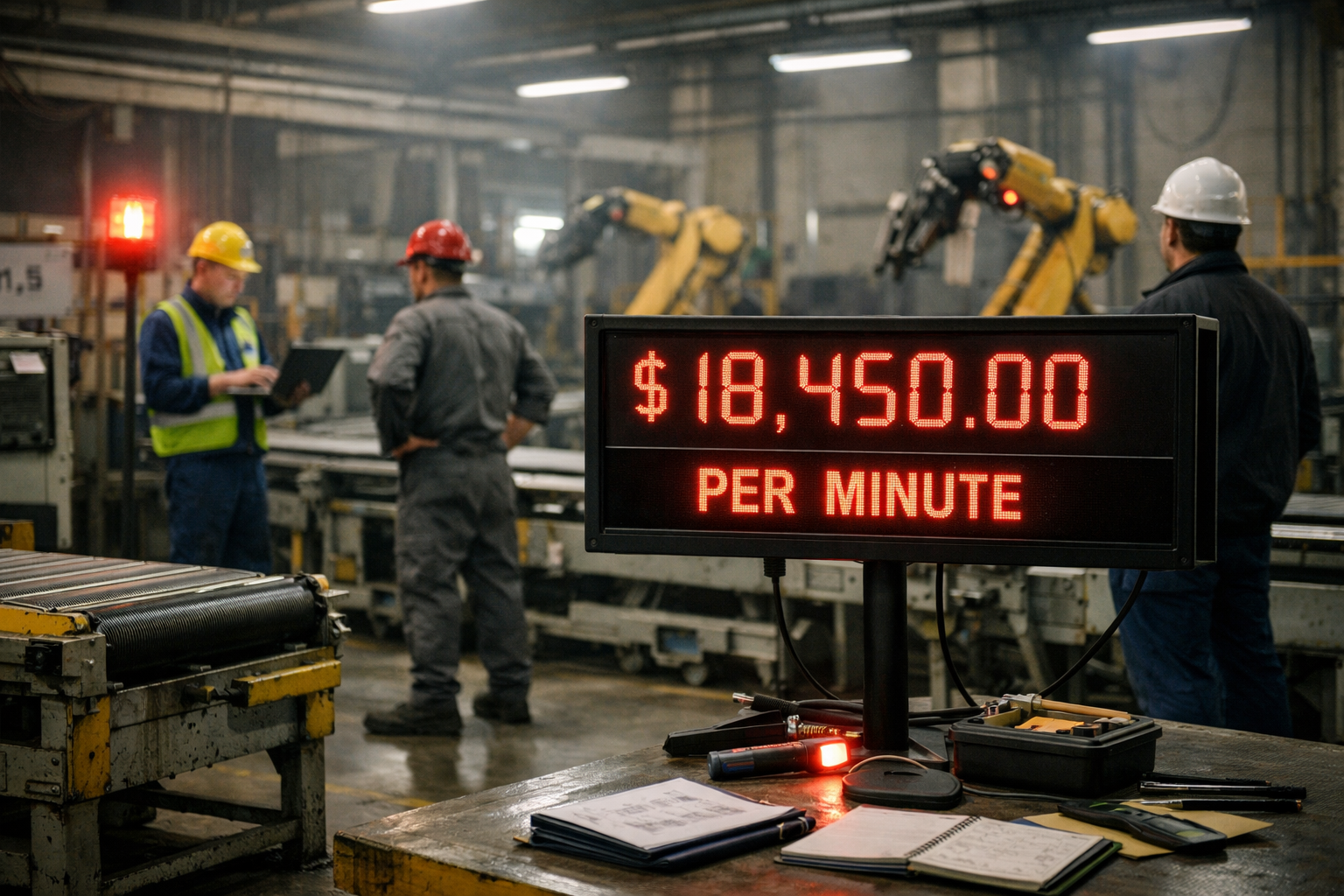 () manufacturing downtime cost visualization showing production line at standstill. Stopped conveyor belts, idle robotic
