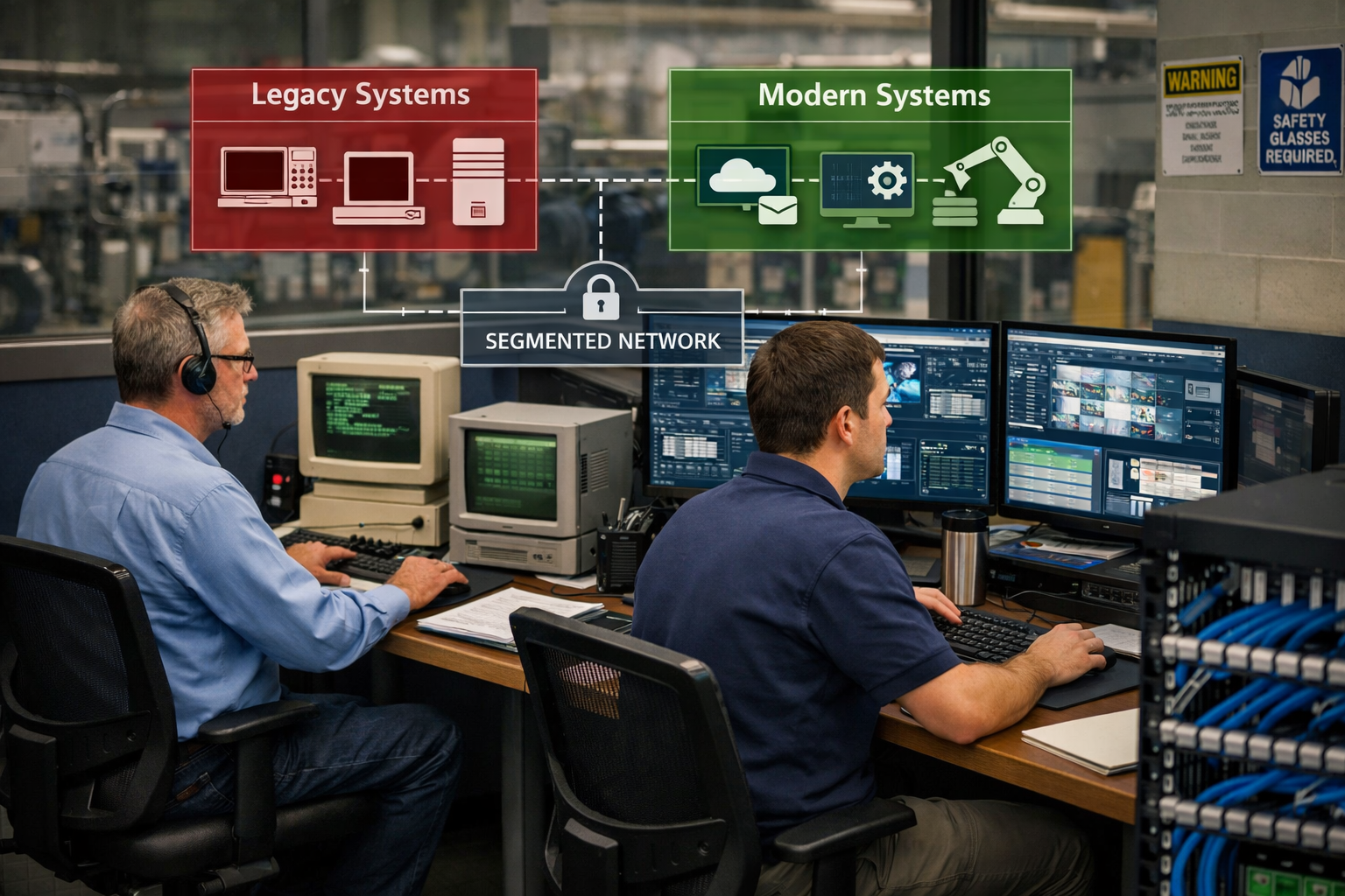 () modern manufacturing control room showcasing systematic upgrade approach. Technicians working with both legacy and new