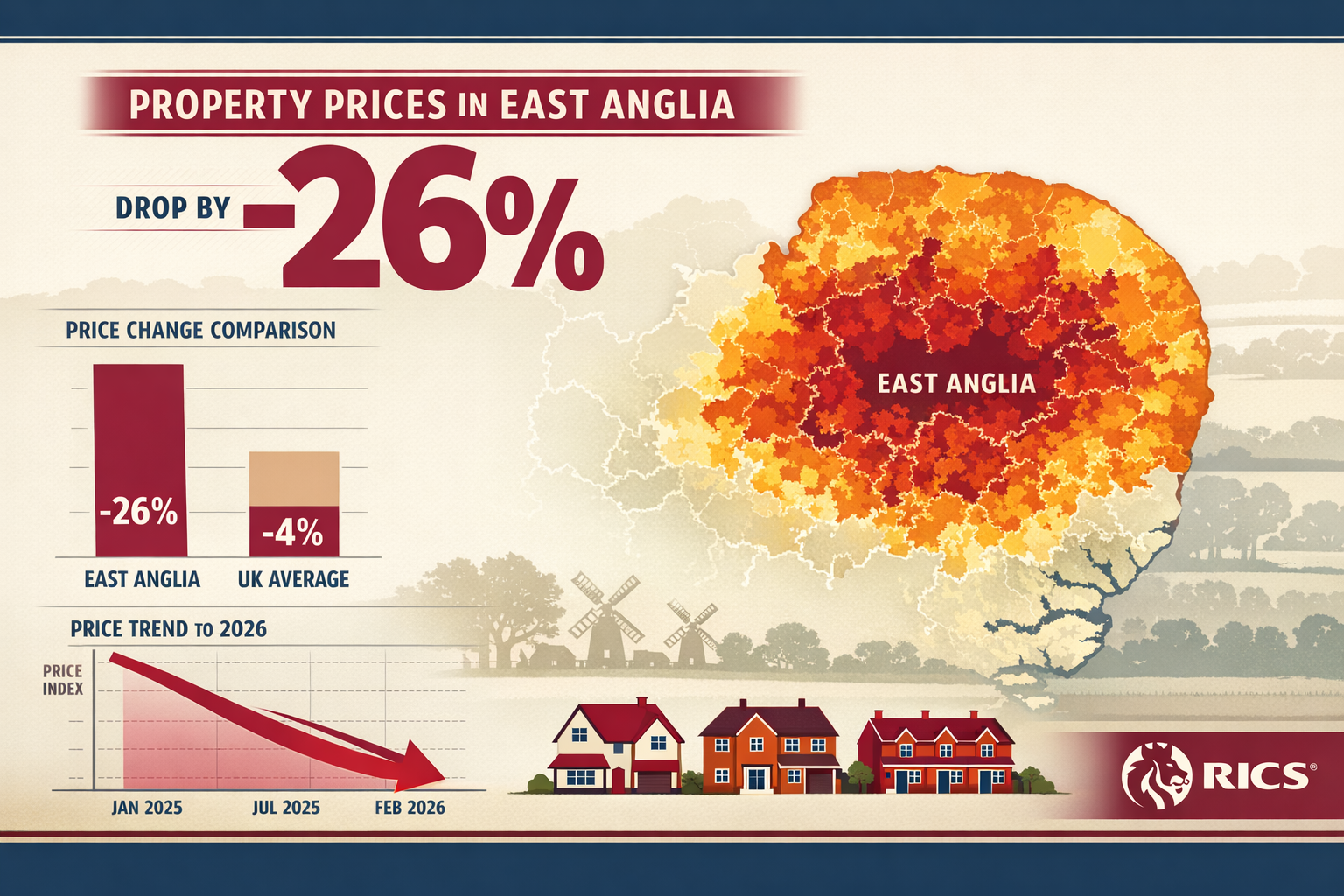 Detailed () infographic showing East Anglia regional map with color-coded heat map indicating property price pressure zones