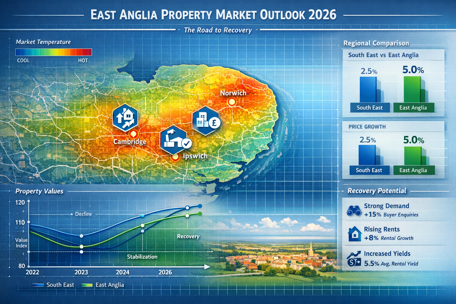 Detailed landscape-oriented infographic visualizing East Anglia's 2026 real estate market position, featuring a