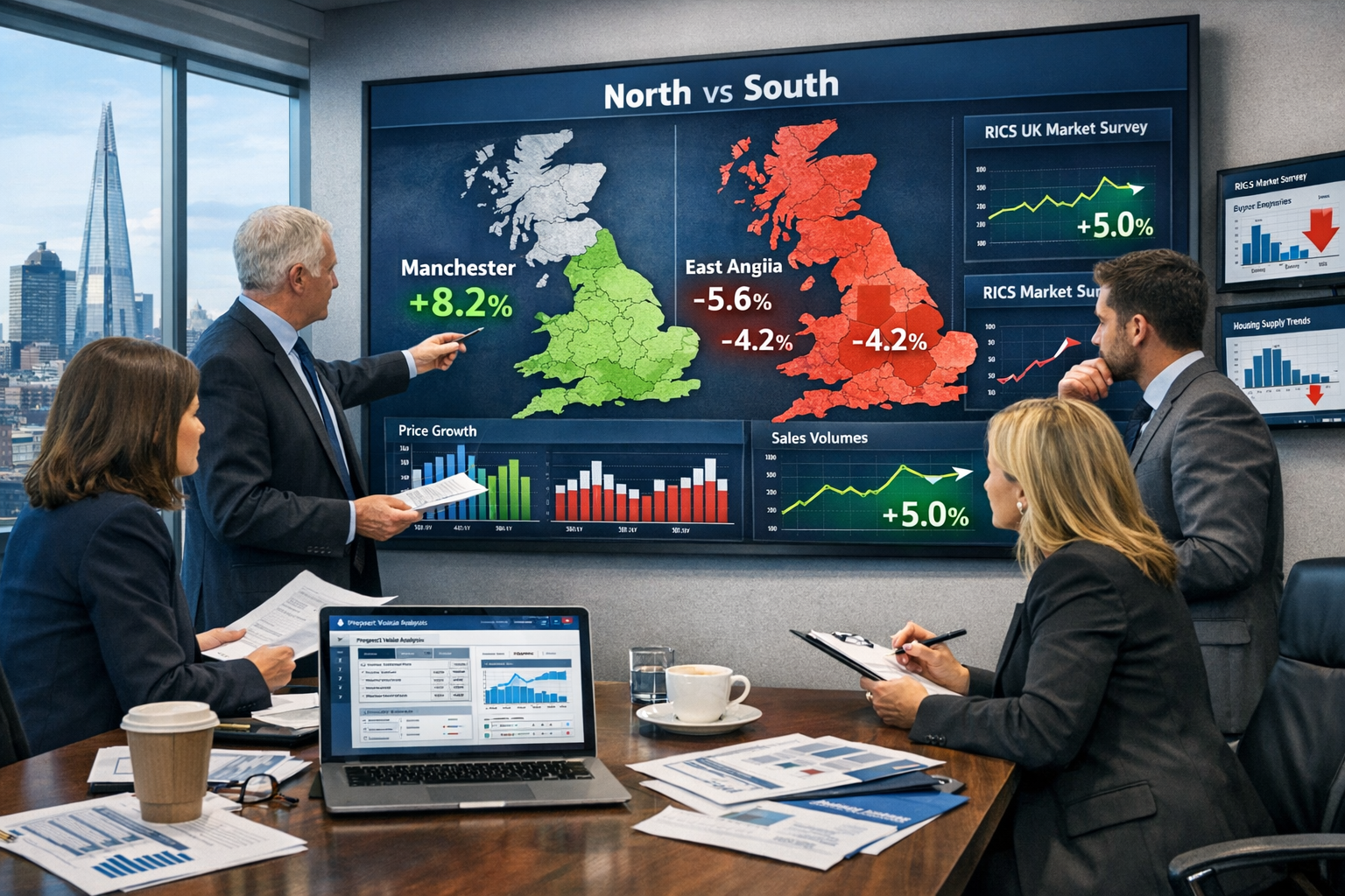 Detailed () strategic planning scene showing modern professional office environment with large wall-mounted UK regional