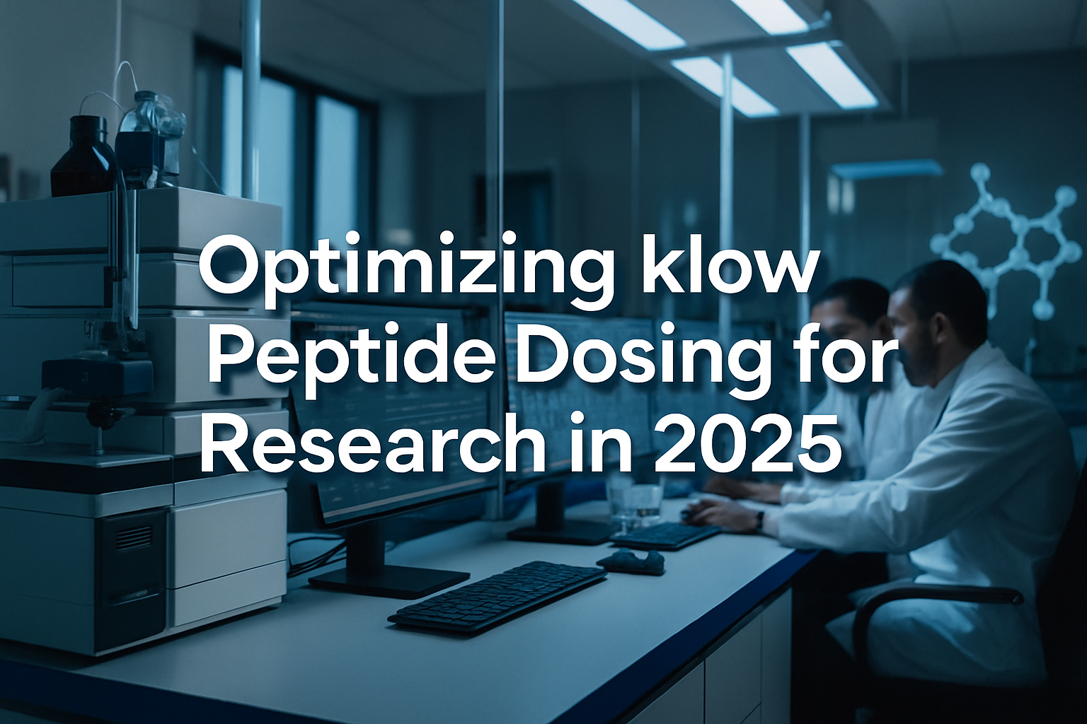 Professional landscape hero image (1536x1024) with bold text overlay: 'Optimizing klow Peptide Dosing for Research in 2025', modern sans-ser