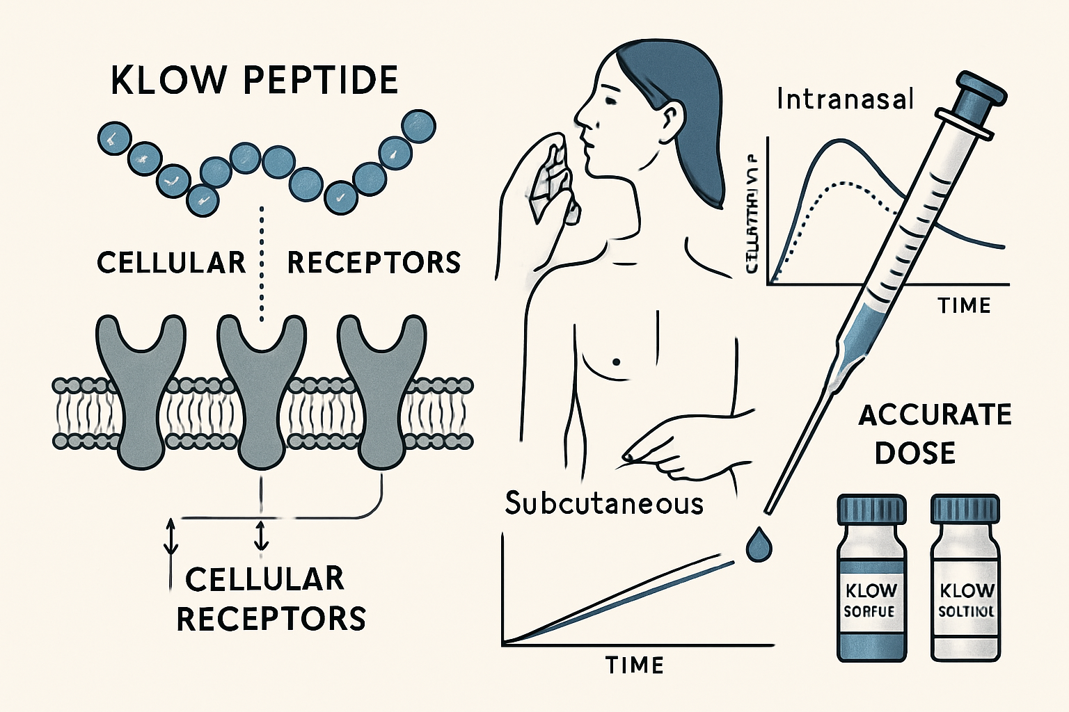Scientific illustration depicting the molecular structure of klow peptide interacting with cellular receptors, alongside a detailed infograp