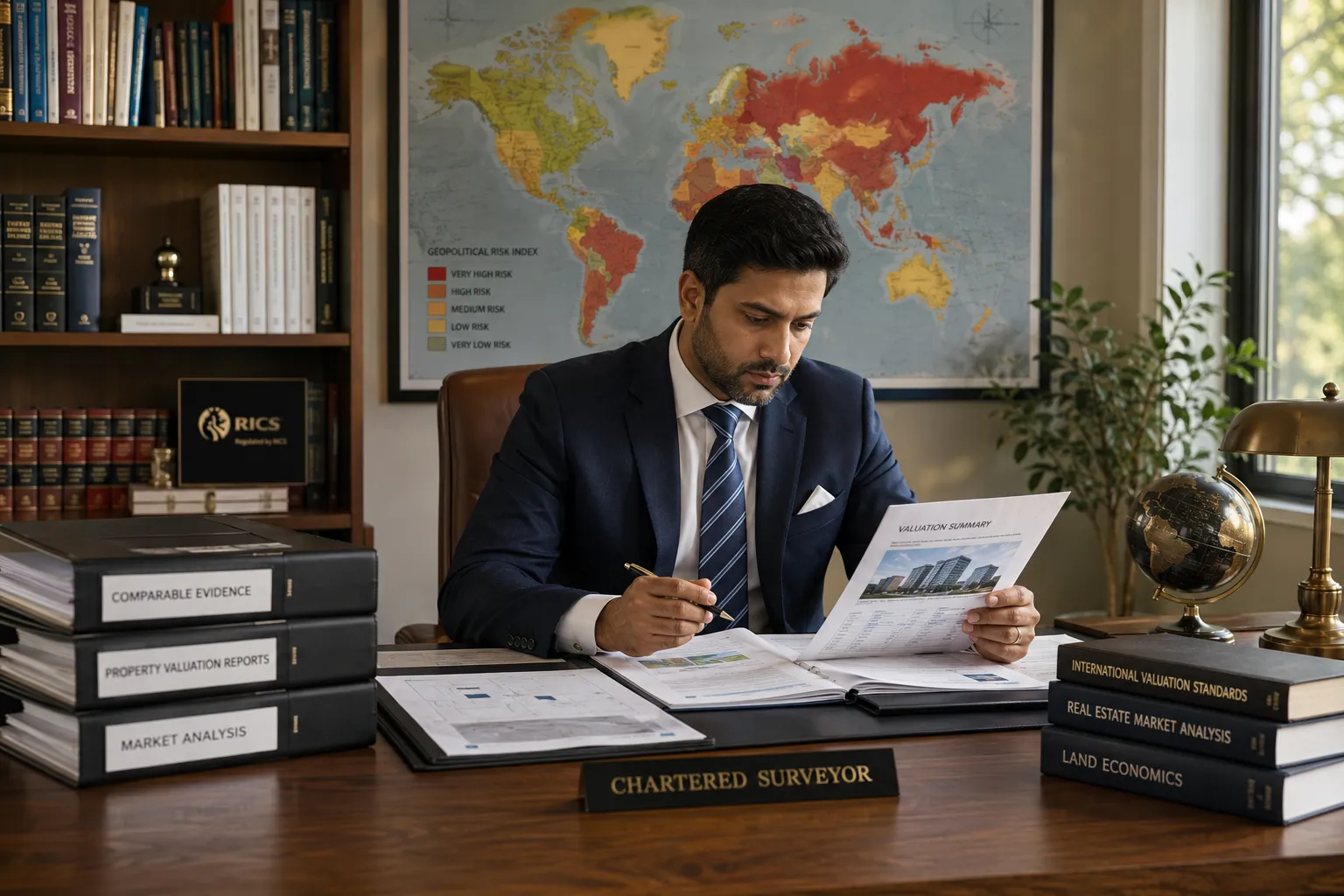 Editorial () — bright, natural daylight photograph of a male South Asian chartered surveyor in a formal suit seated at a