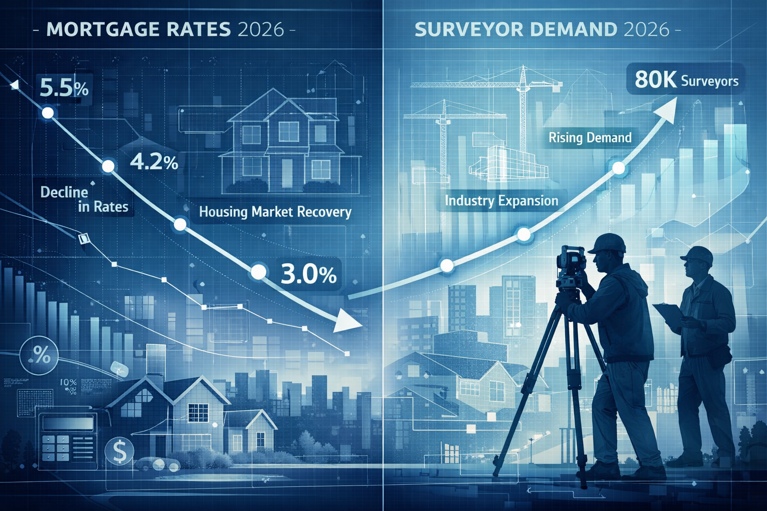 Comprehensive landscape visualization depicting complex mortgage rate dynamics and surveyor market transformation for 2026. Split-screen com