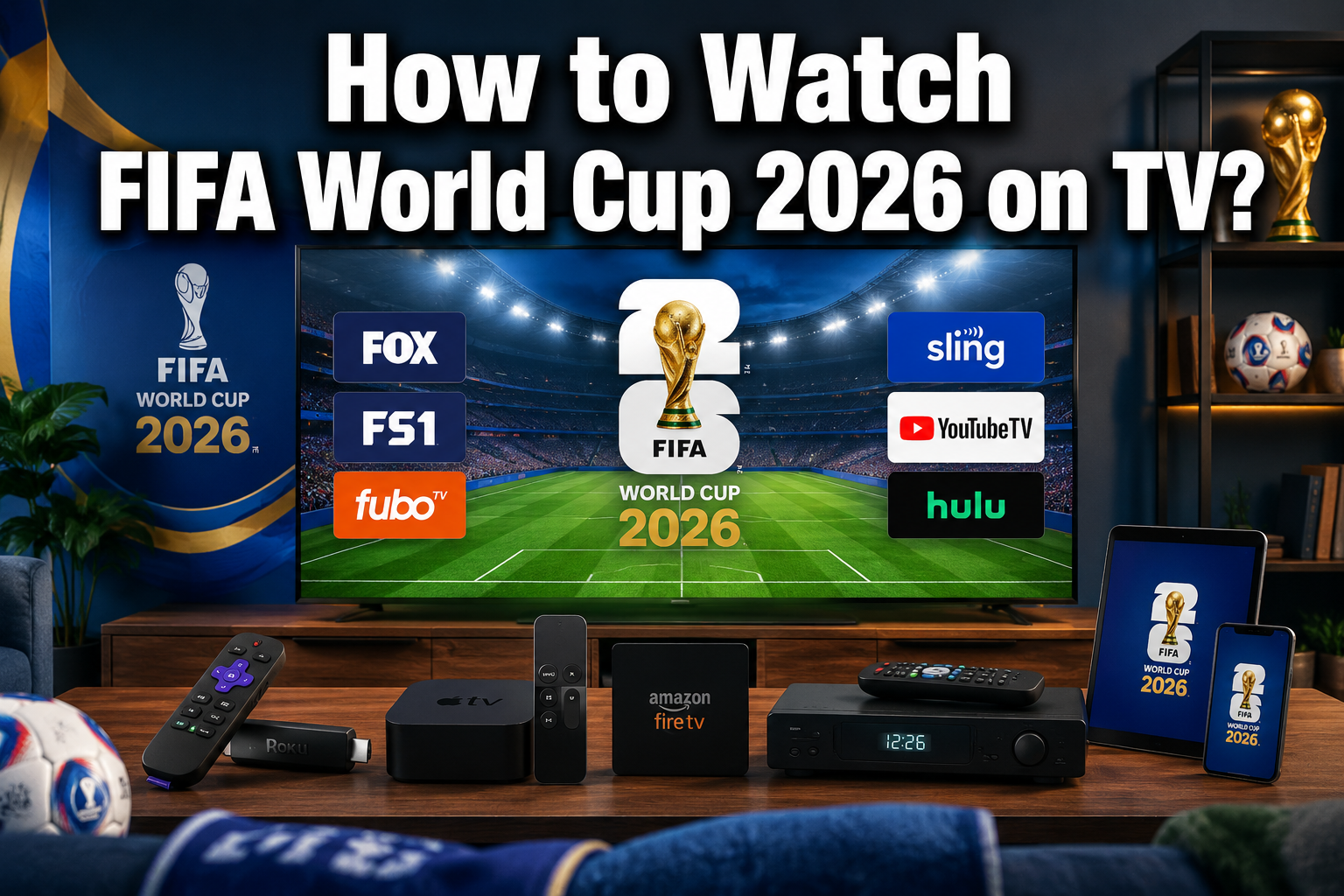 Professional () hero image featuring 'How to Watch FIFA World Cup 2026 on TV?' in extra large white with dark , centered in