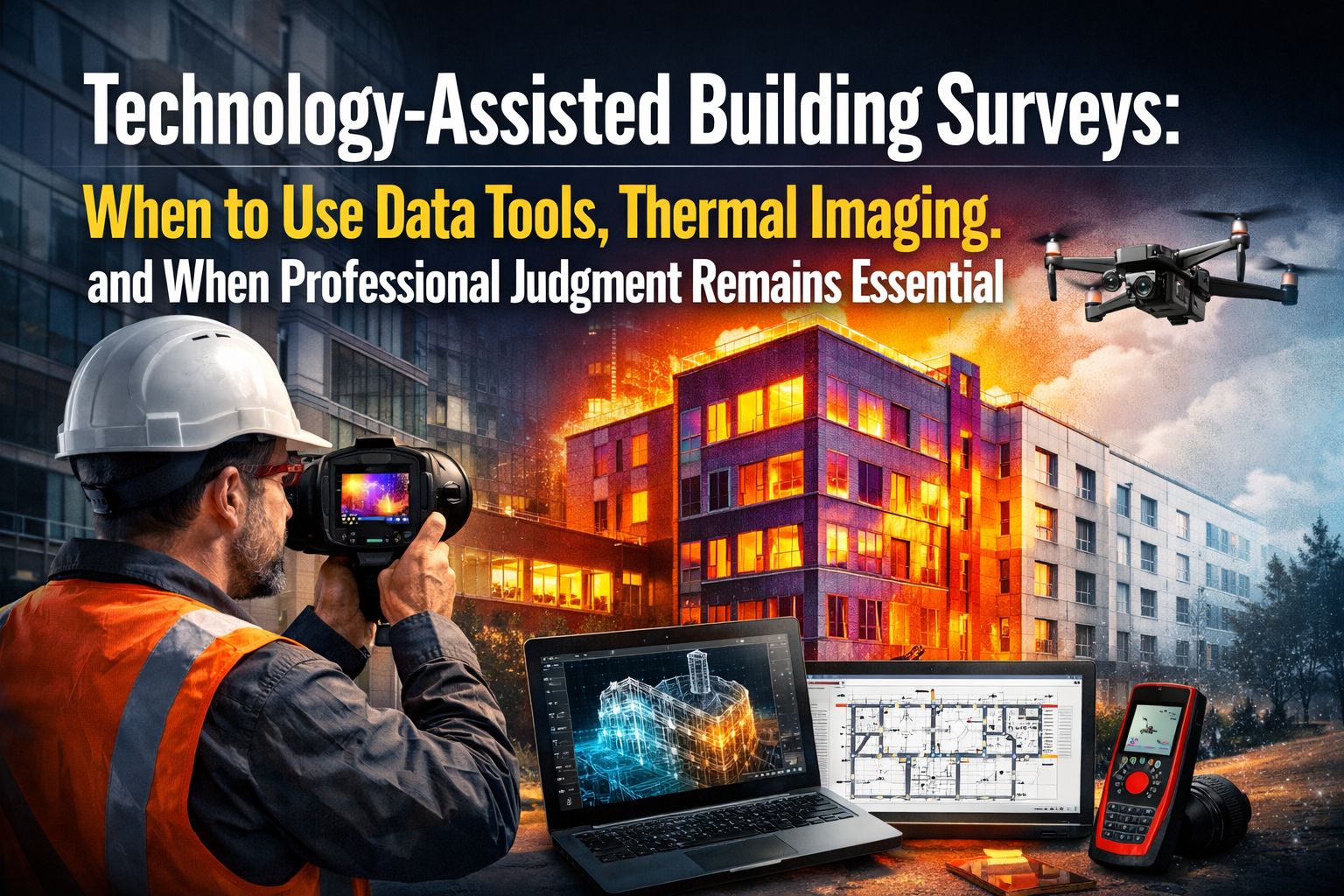 Professional landscape hero image () with : "Technology-Assisted Building Surveys: When to Use Data Tools, Thermal Imaging,