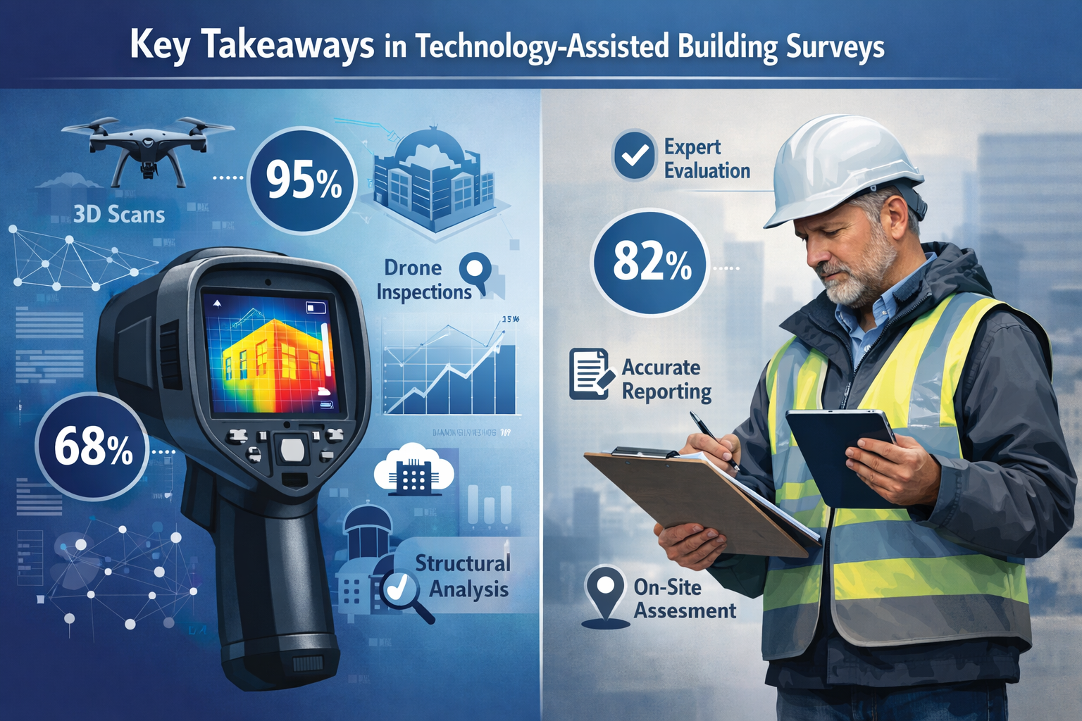 Split-screen infographic illustrating 'Key Takeaways' in technology-assisted building surveys, left side showing digital
