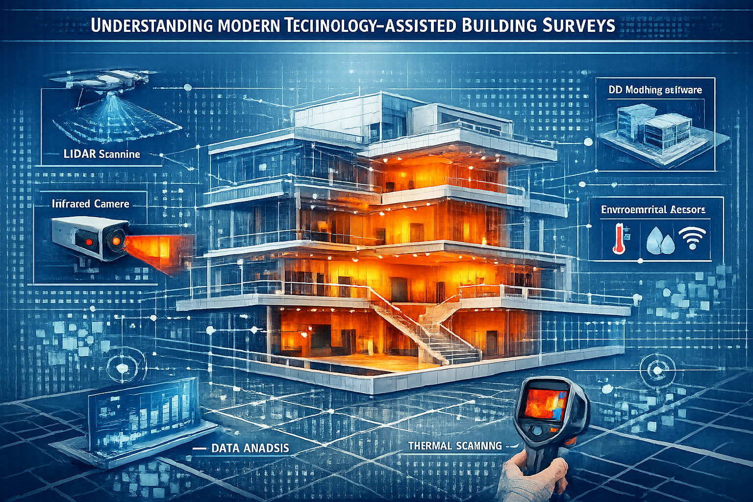 Architectural cutaway visualization of a modern building with transparent layers revealing internal structural elements,