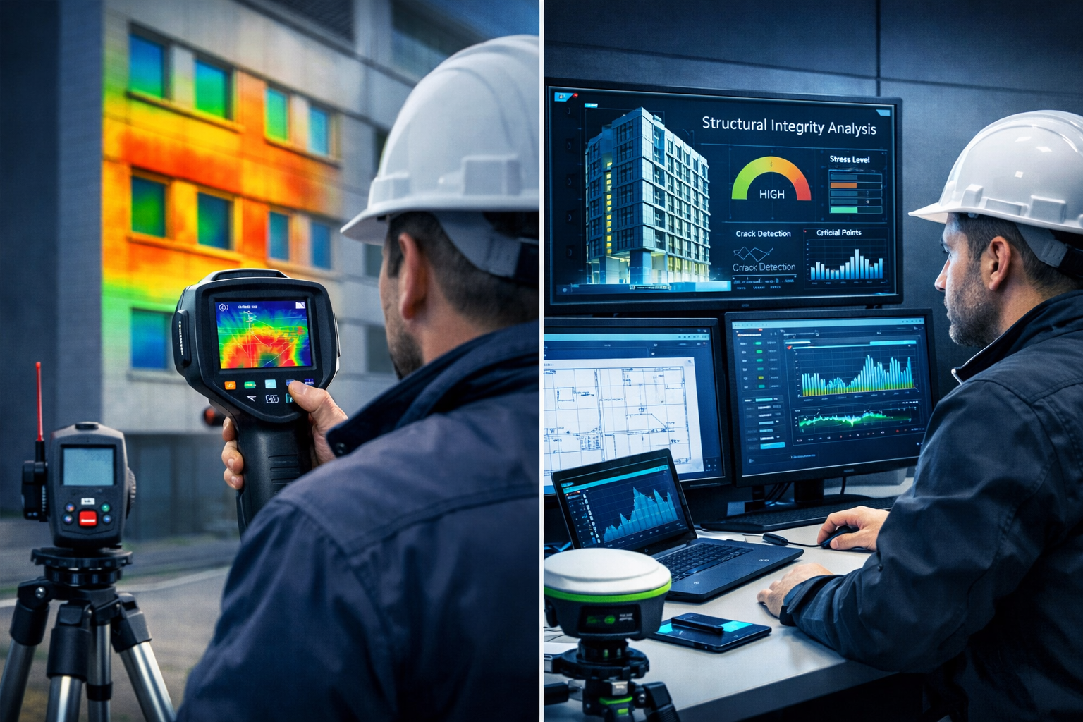 Professional split-screen comparison demonstrating optimal technology use cases in building surveys, left panel showing