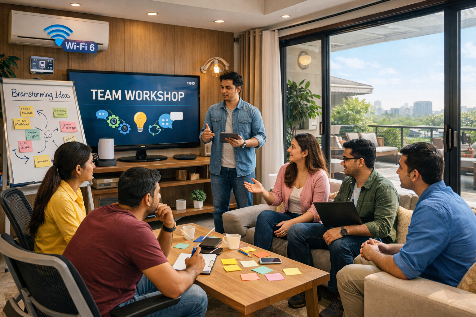 Detailed () image illustrating a vibrant team-building activity within a spacious, Gurgaon. The scene shows 5-7 young