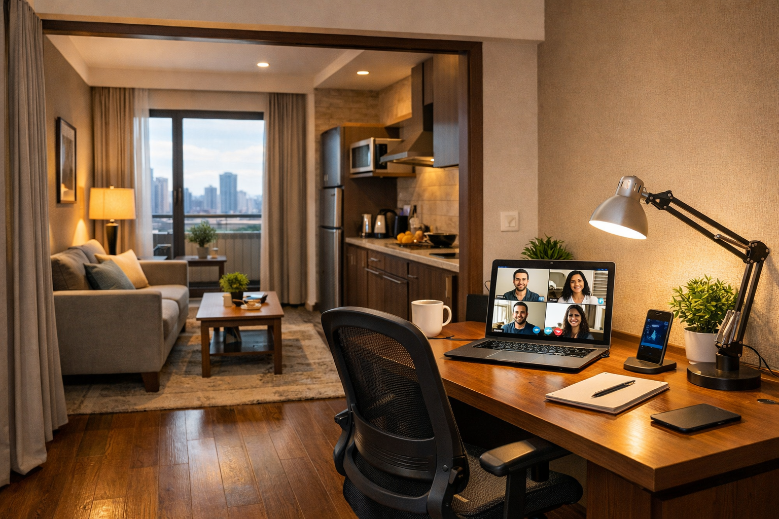 Detailed () image depicting a cozy yet functional corporate long-stay setup in an Airbnb near Udyog Vihar. The scene shows a