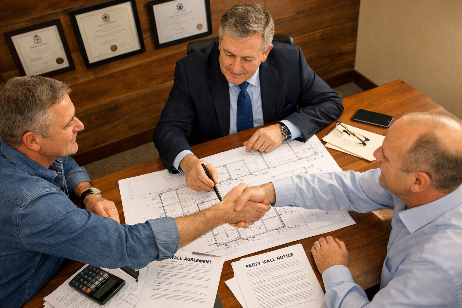() editorial image showing professional meeting scene with building owner and adjoining owner sitting across from single