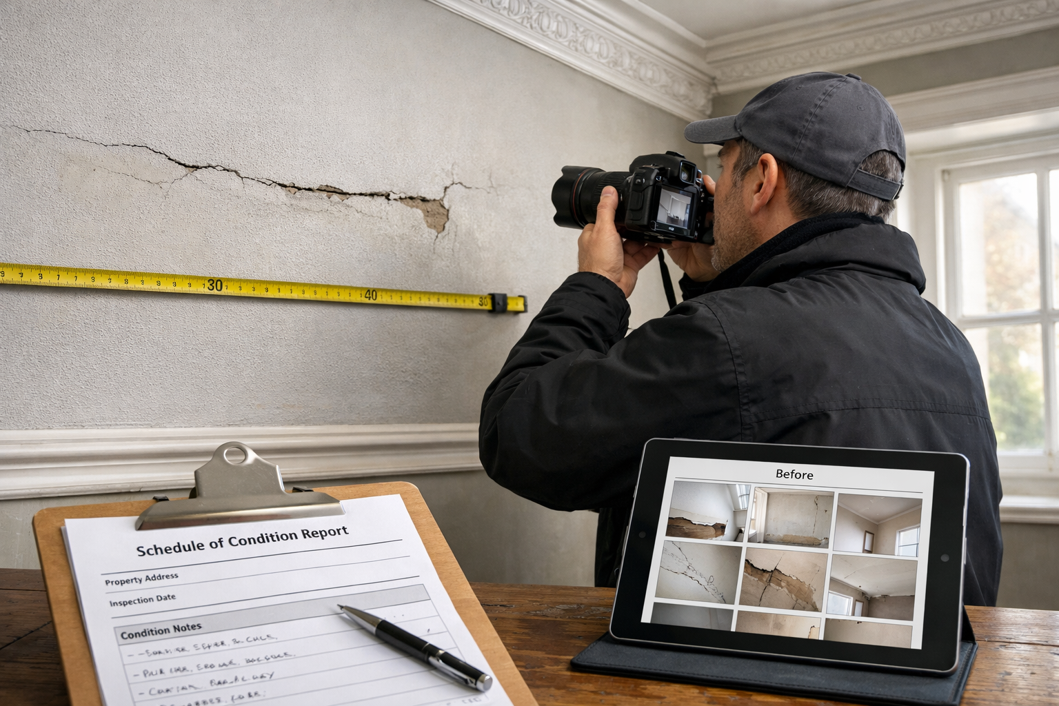 () detailed photograph of professional surveyor conducting schedule of condition inspection inside residential property,