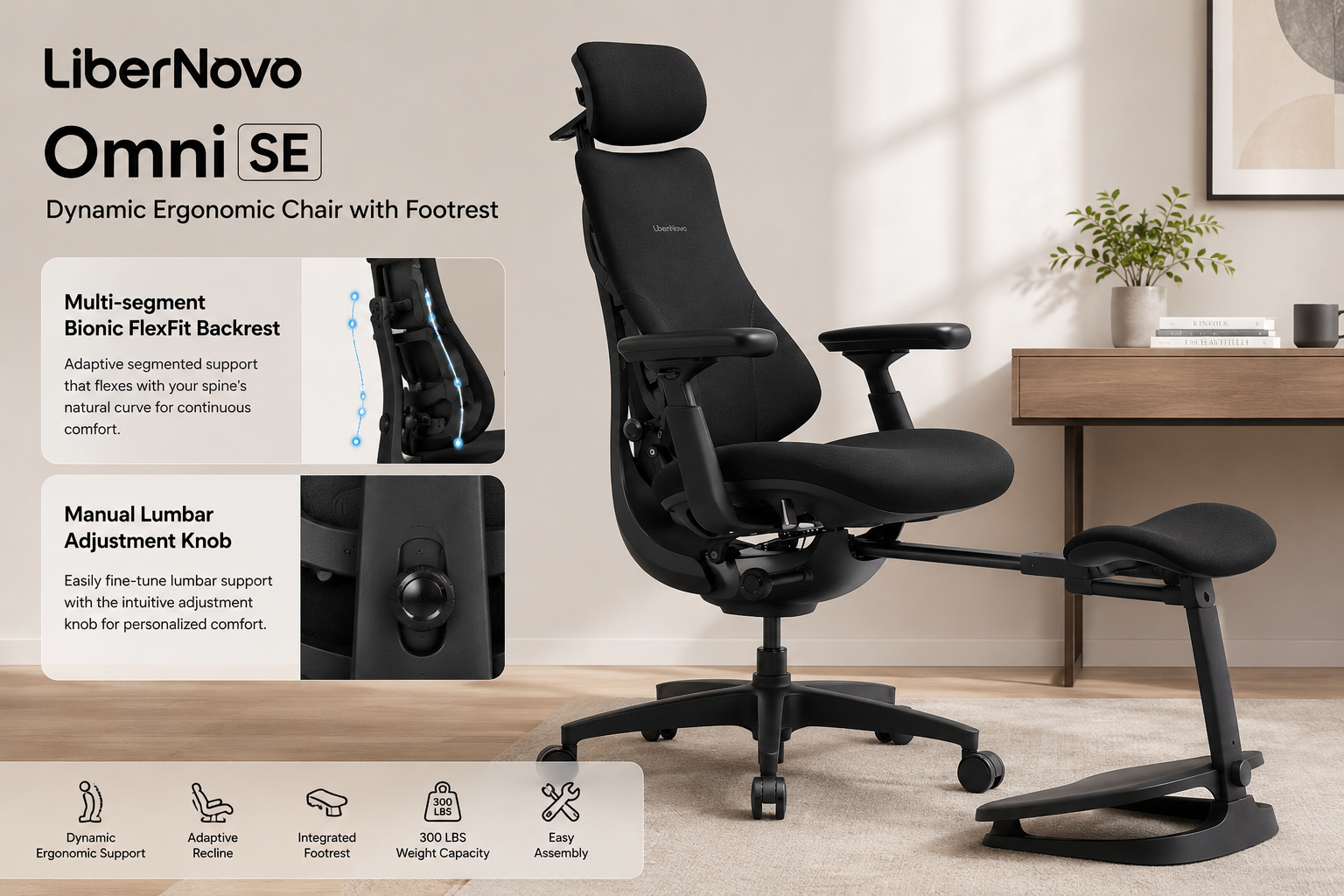 detailed showcase of LiberNovo Omni SE Dynamic Ergonomic Chair with Footrest highlighting its multi-segment Bionic FlexFit backrest, manual lumbar adjustment knob, and integrated footrest in extended position, product photography style Why the Omni SE Deserves a Closer Look