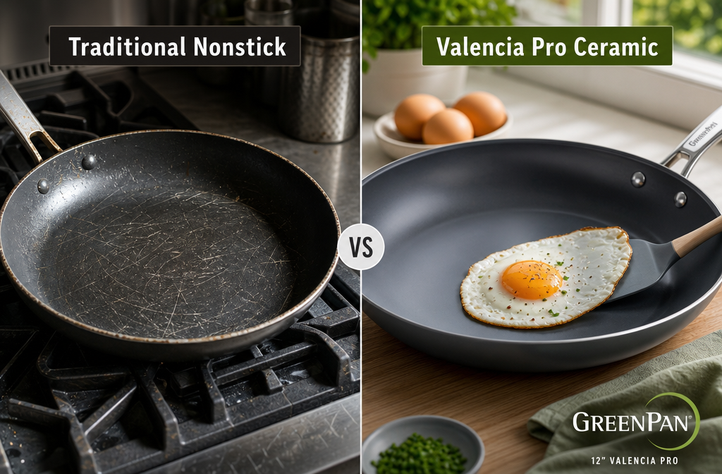 Landscape format (1536x1024) split-scene comparison image: left side shows a traditional Teflon pan with visible scratches and discoloration under harsh overhead lighting; right side shows a pristine GreenPan Valencia Pro 12-inch frying pan with a perfectly cooked sunny-side-up egg sliding effortlessly across the ceramic nonstick surface. Bold dividing line down center with labels 'Traditional Nonstick' and 'Valencia Pro Ceramic'. Natural kitchen window light, food photography quality, high contrast, editorial style. Are These Pans Good for Beginner Home Cooks or Professional Chefs