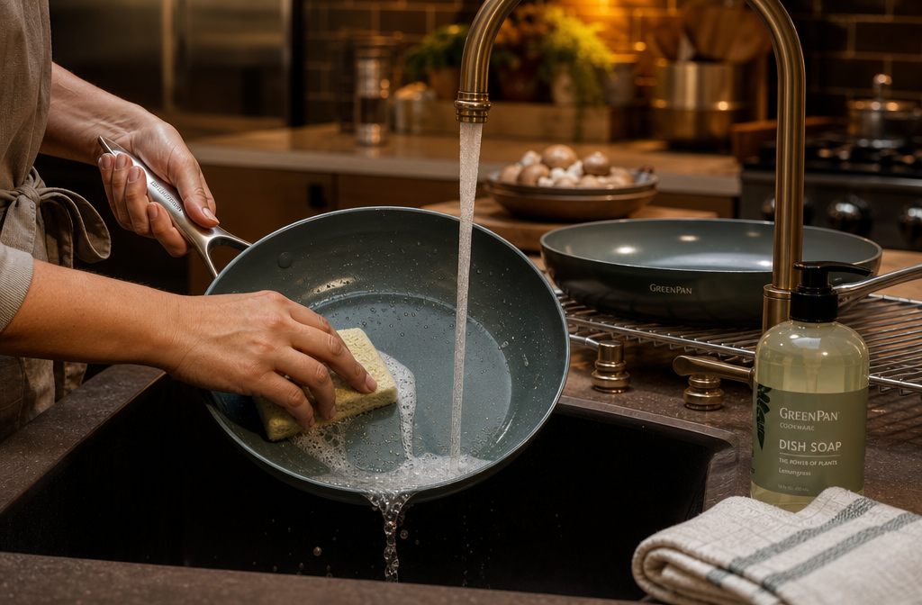 Landscape format (1536x1024) lifestyle kitchen scene showing a home cook's hands gently hand-washing a GreenPan Valencia Pro 10-inch frying pan under warm running water with a soft sponge, ceramic surface gleaming under kitchen pendant lighting. Nearby on the counter: a bottle of mild dish soap, a clean folded towel, and the 12-inch companion pan drying on a rack. Warm amber kitchen tones, shallow depth of field, authentic home cooking environment, cookware care and maintenance visual narrative, editorial photography quality. What Cooking Techniques Work Best with Ceramic Nonstick, and How Long Do These Pans Last