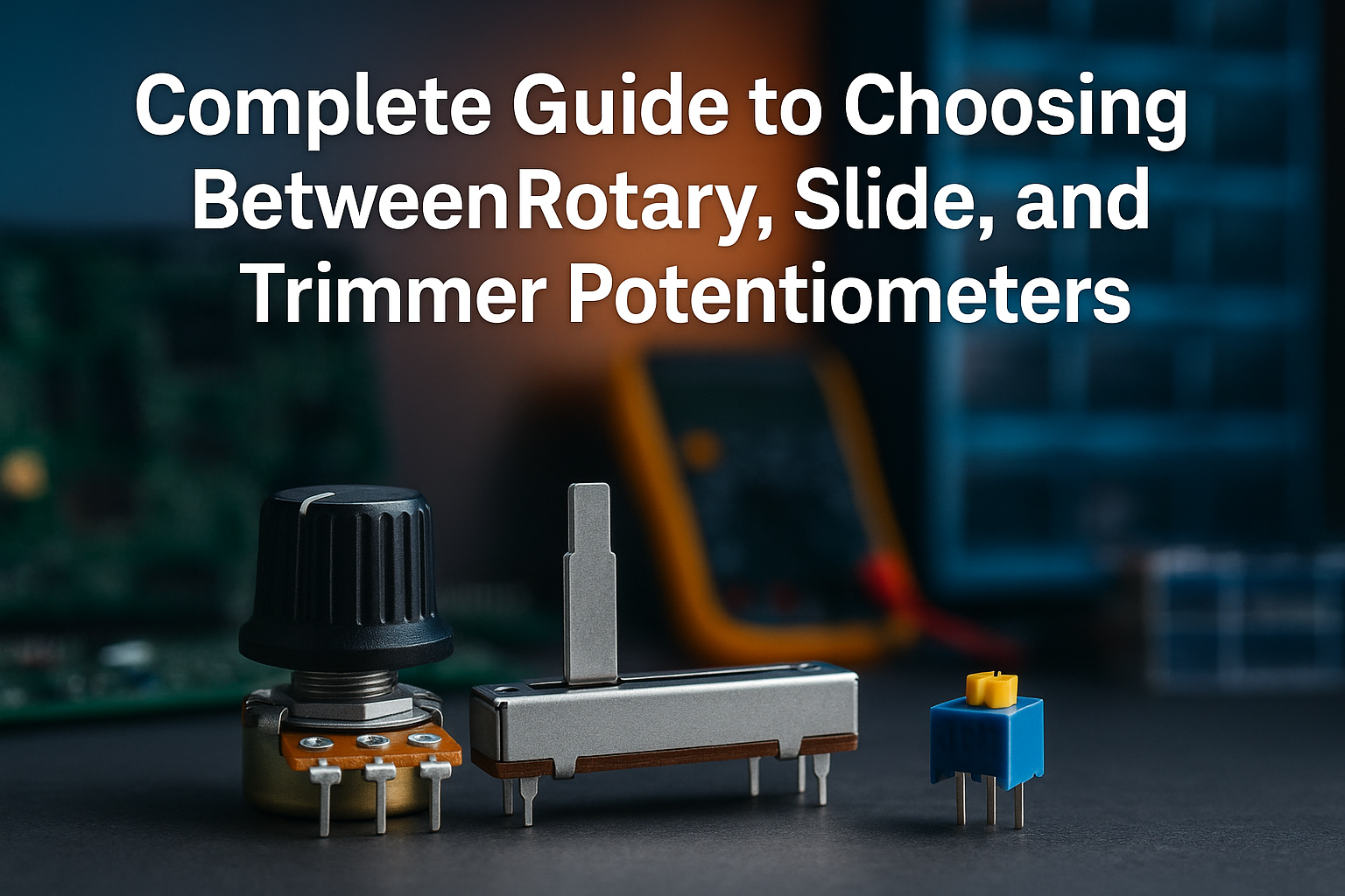Professional landscape hero image (1536x1024) featuring bold text overlay 'Complete Guide to Choosing Between Rotary, Slide, and Trimmer Pot
